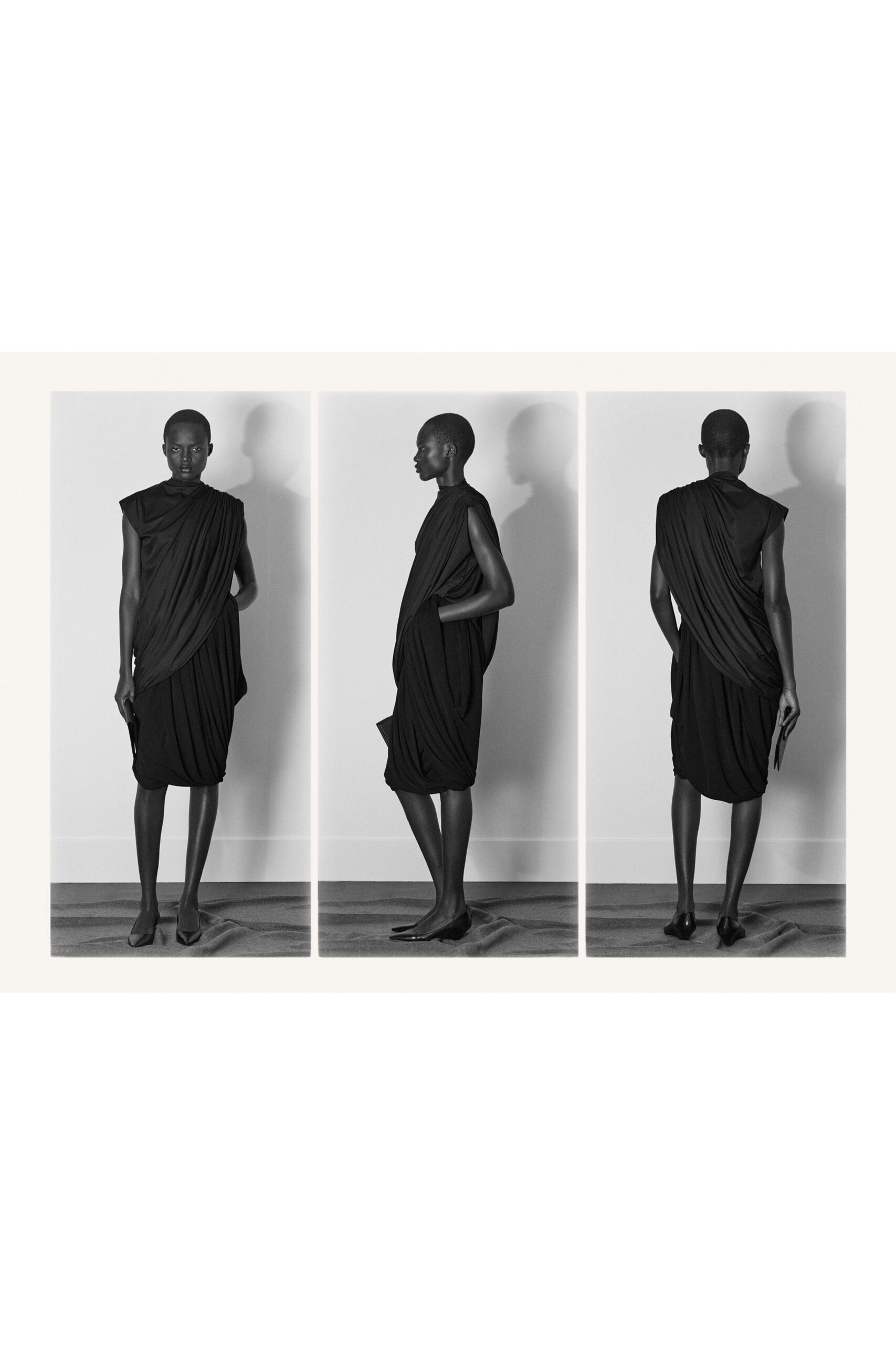 black cotton sleeveless v-neck fitted draped midi dress