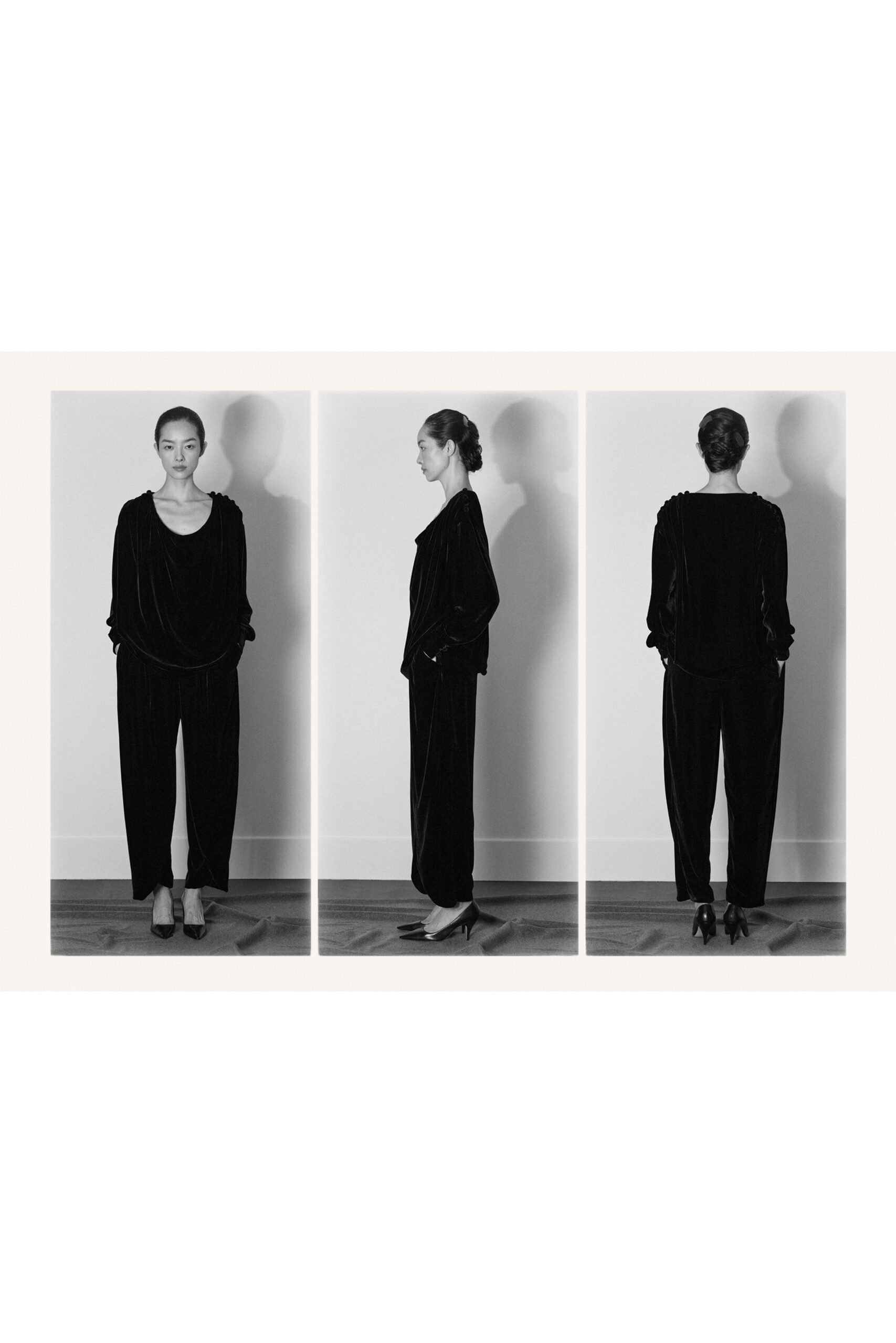 black velvet long-sleeve v-neck relaxed draped jumpsuit
