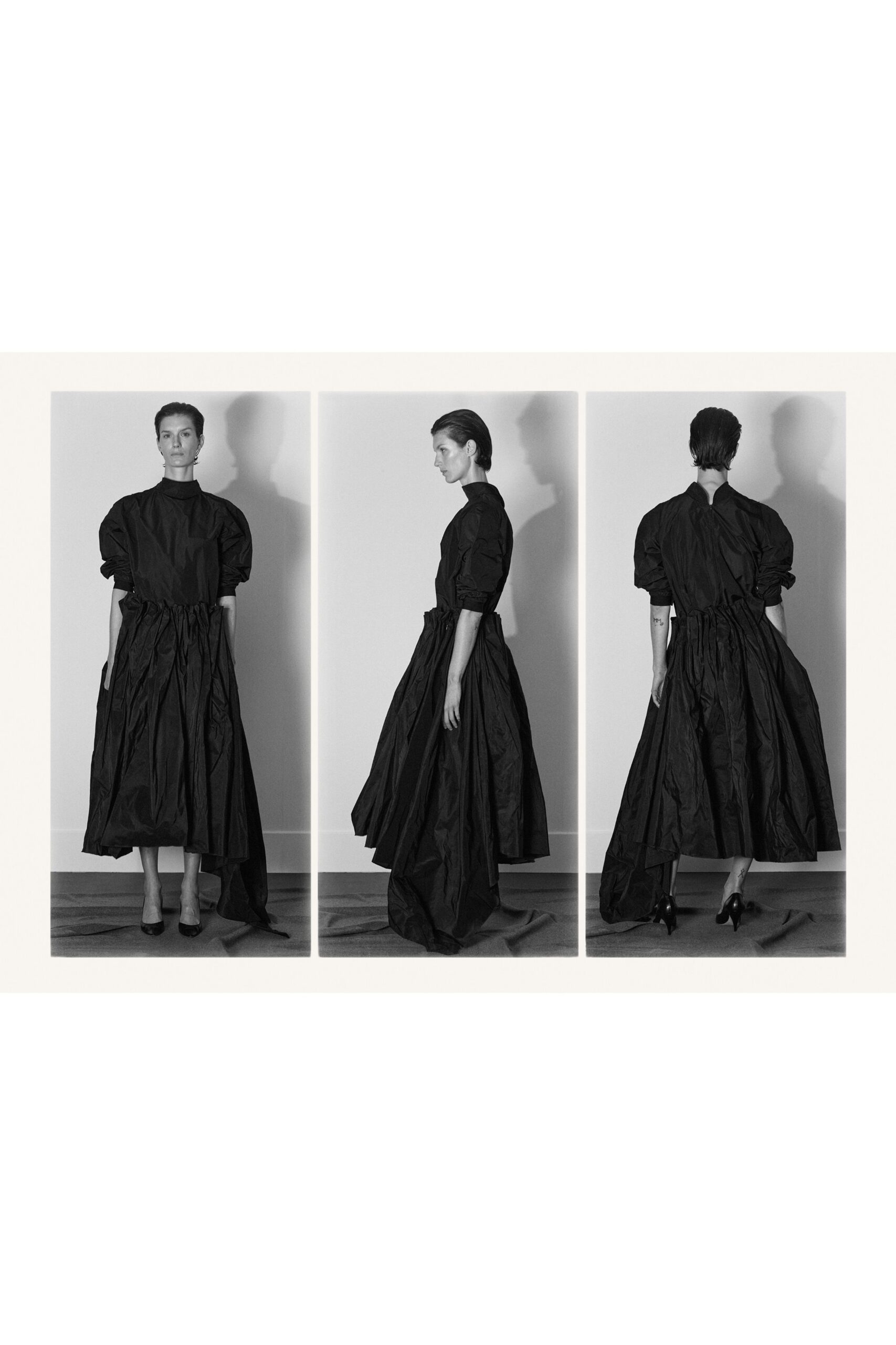 black silk long-sleeve high-neck fitted pleated layered dress