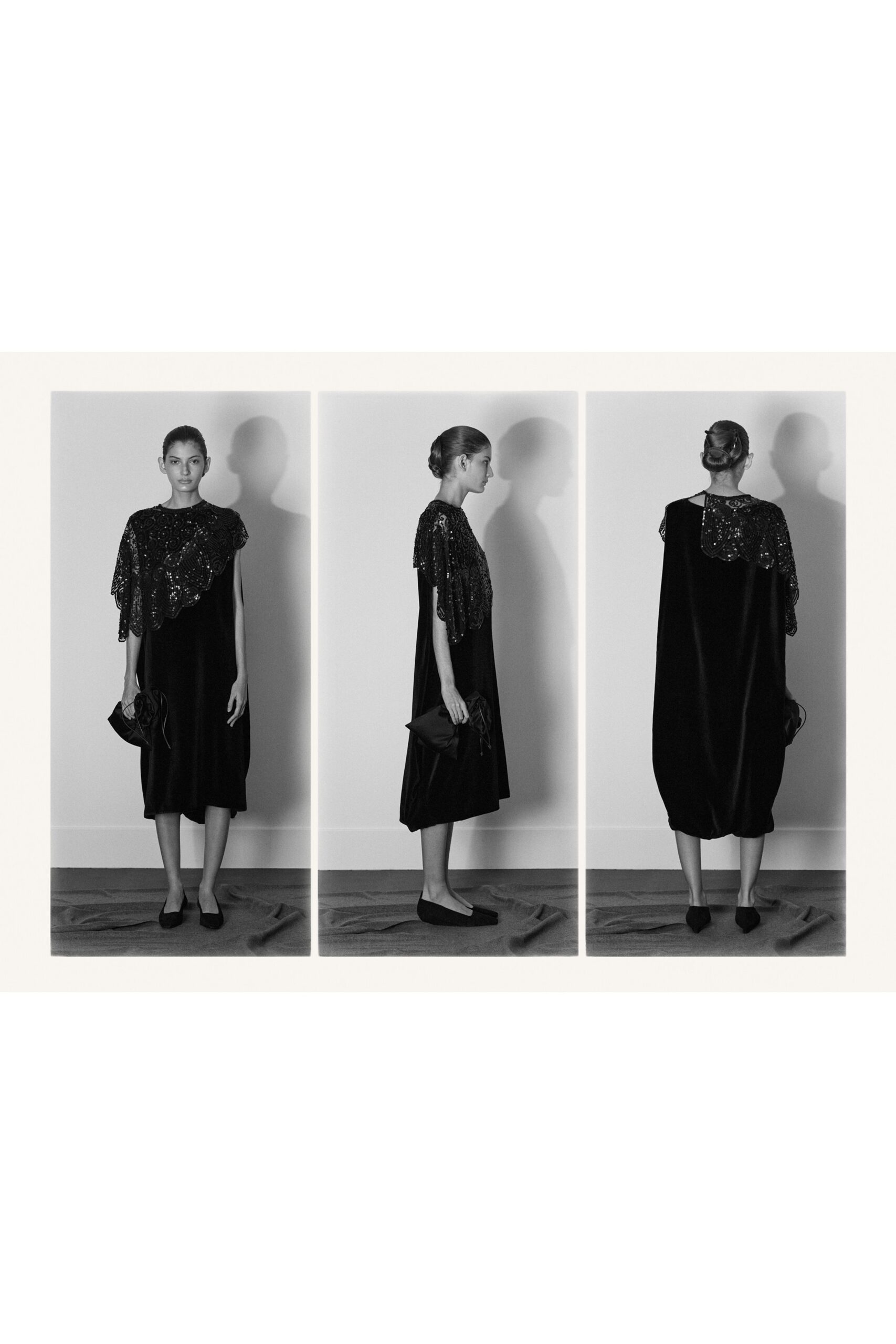 black velvet sleeveless high-neck relaxed pleated embellished dress