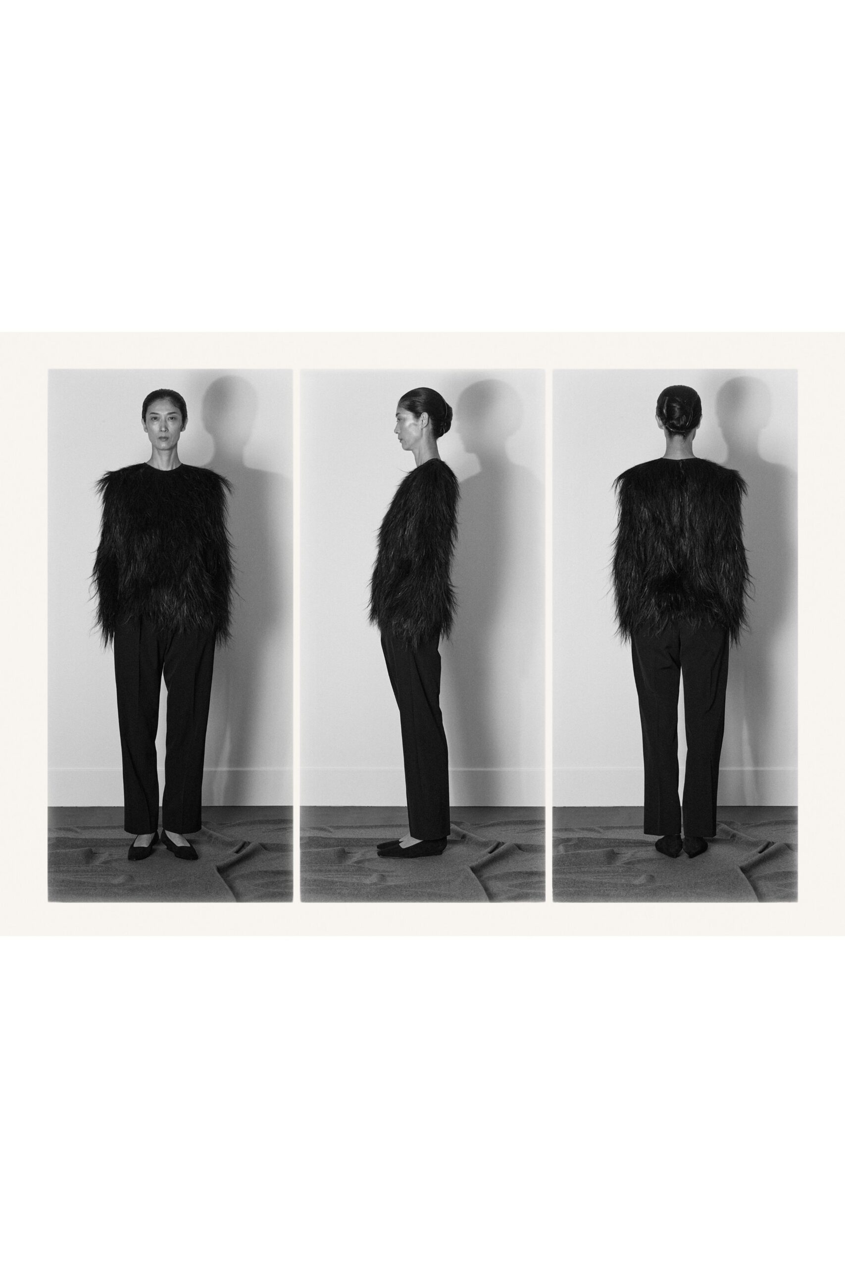 black fur long-sleeve fitted fringed top