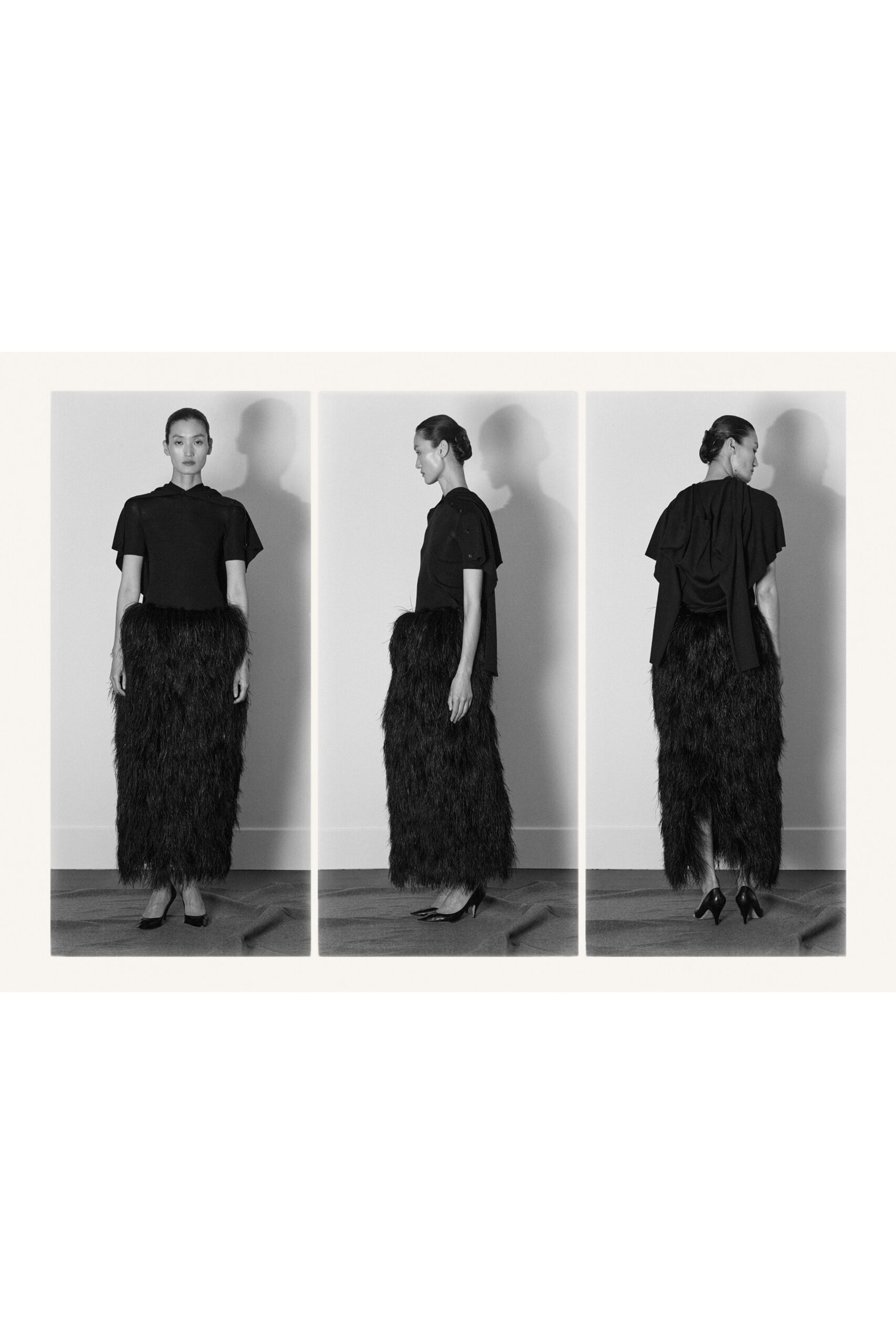 black feather fitted tiered maxi skirt