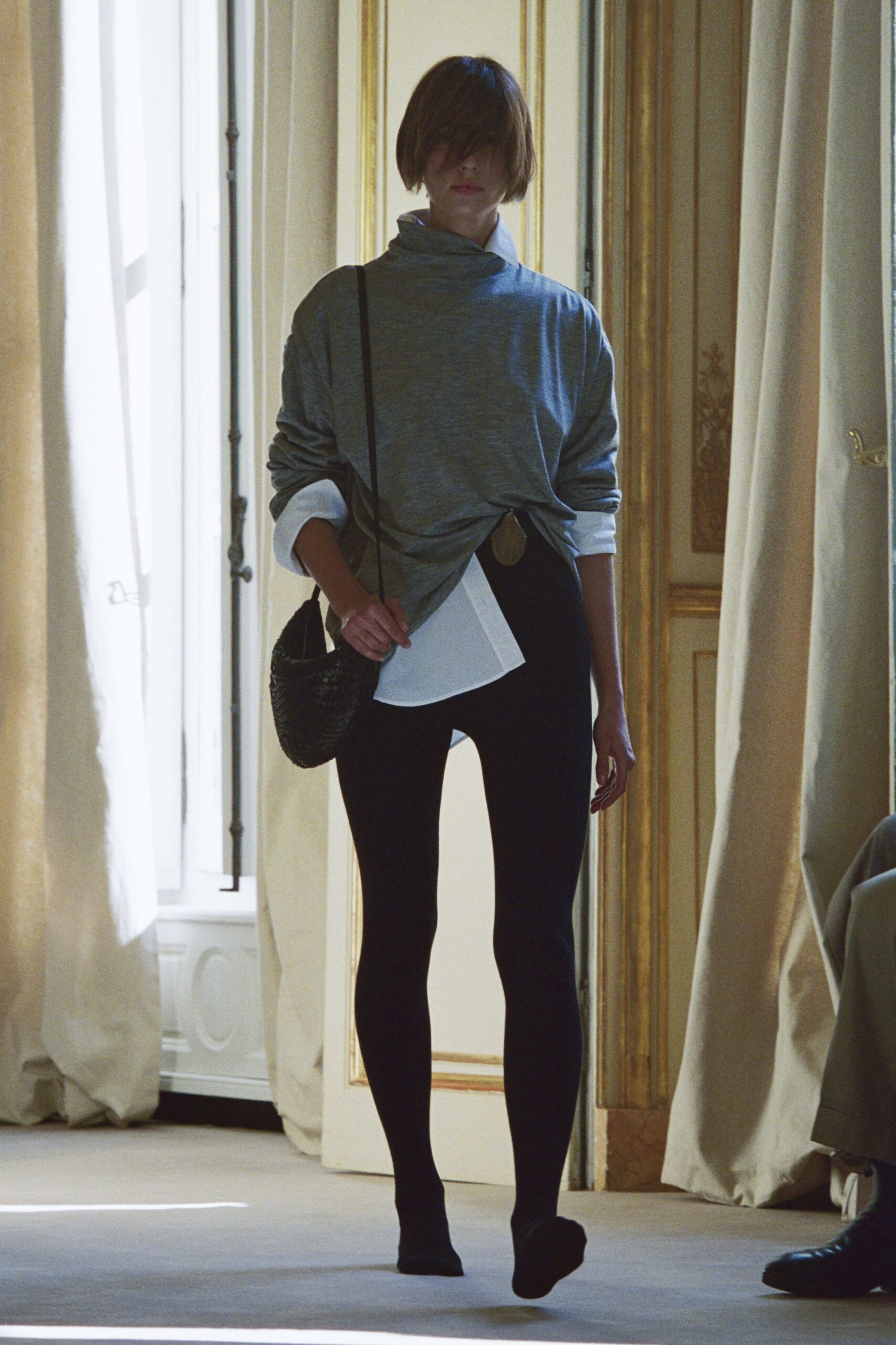 gray cotton long-sleeve high-neck relaxed top