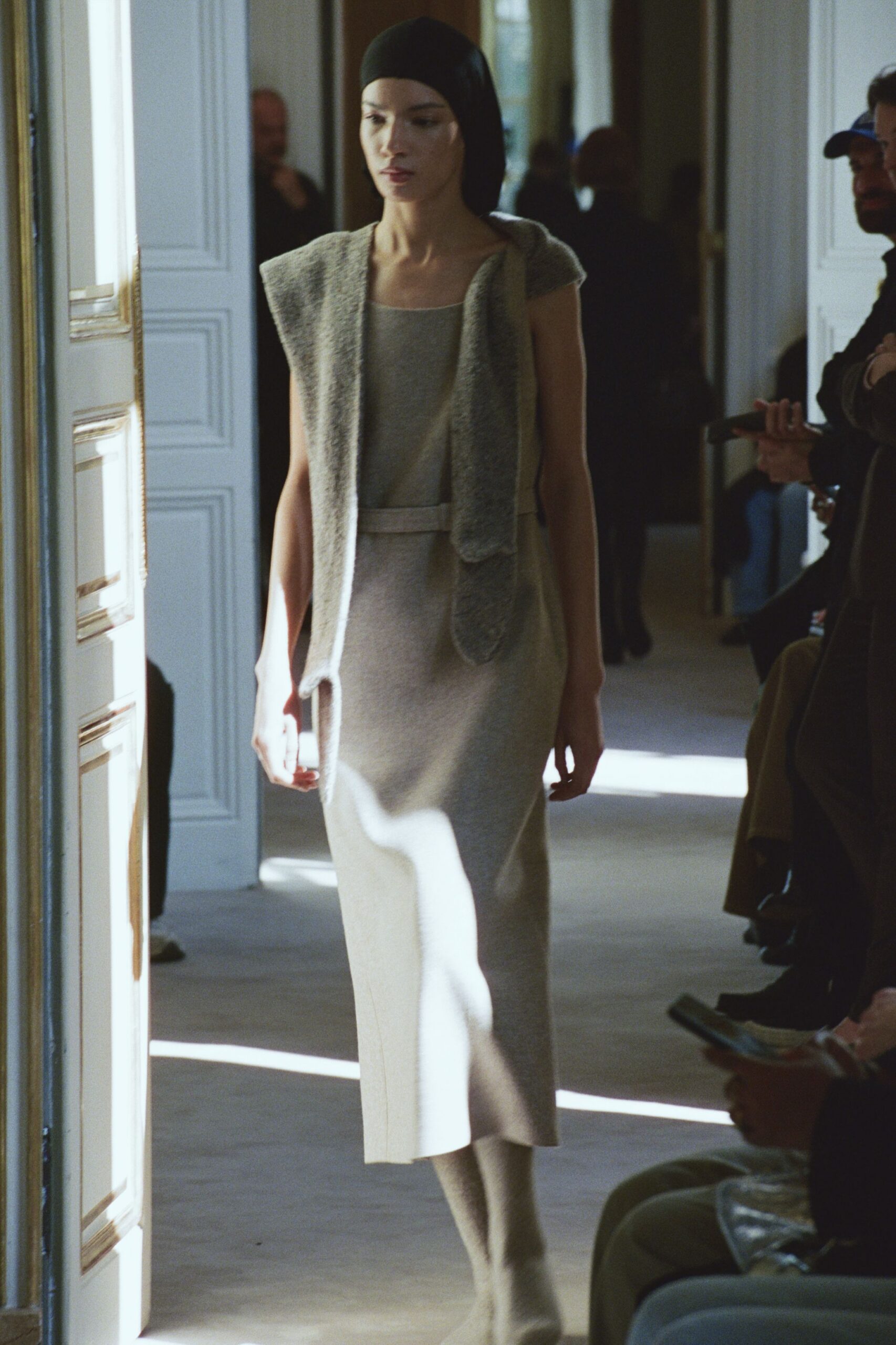 beige wool sleeveless high-neck fitted belted midi dress