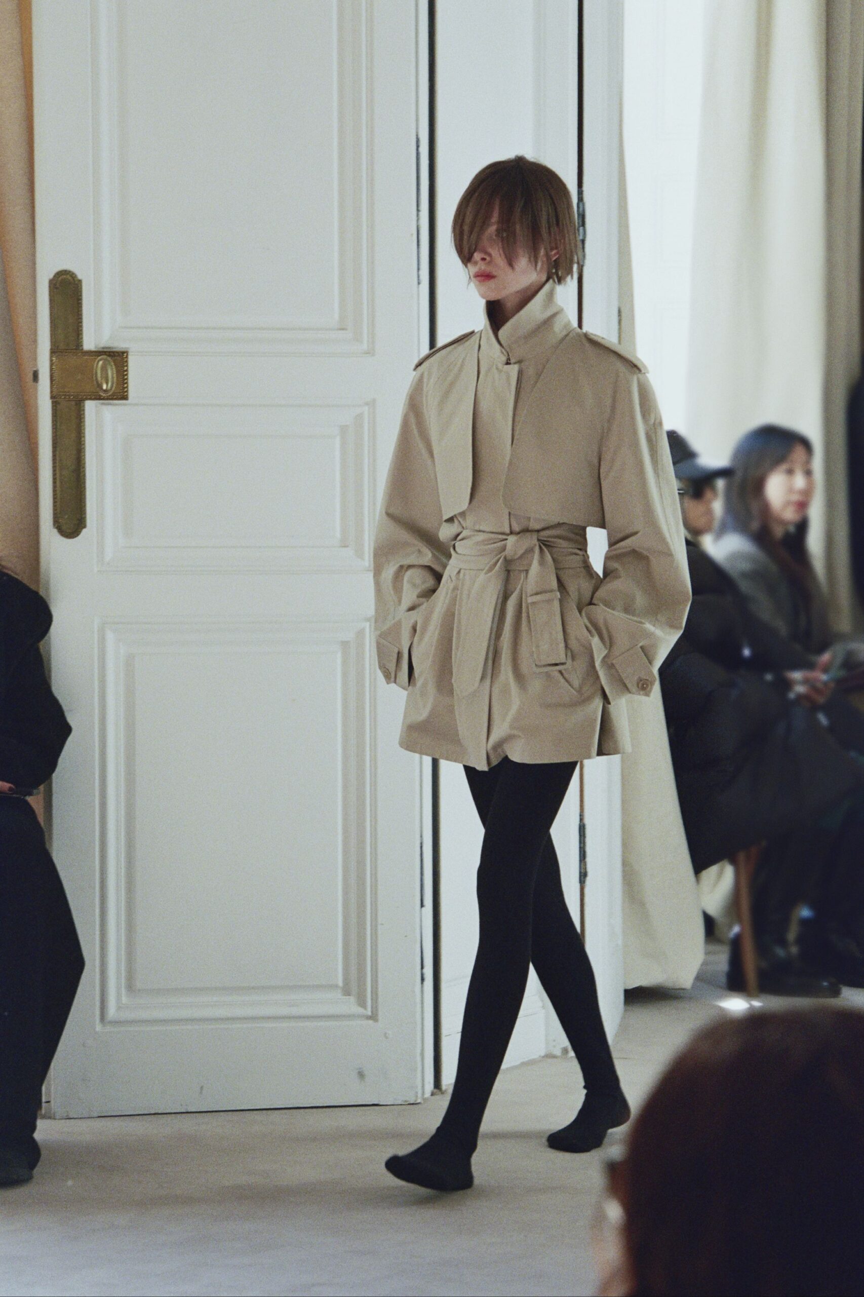 beige cotton long-sleeve collared oversized belted jacket