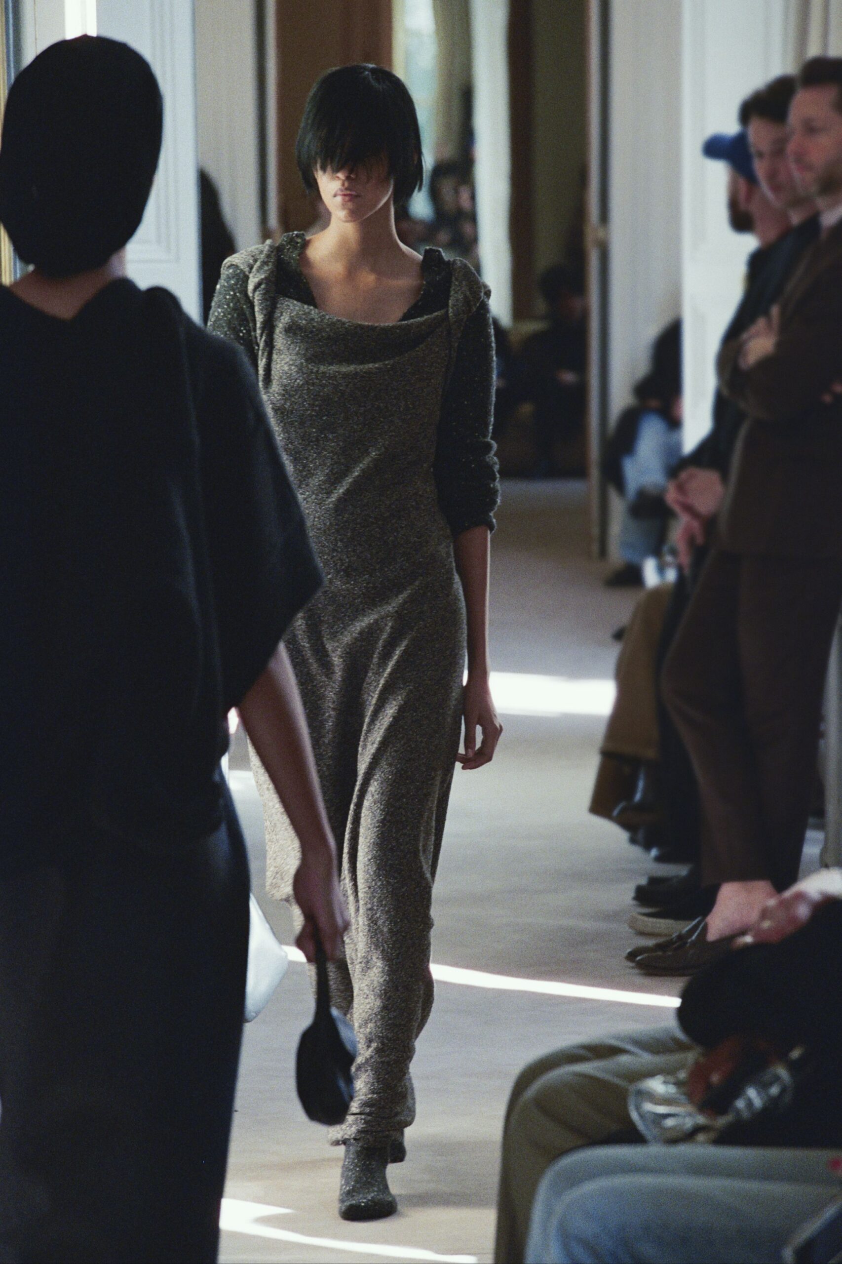 gray wool long-sleeve hooded relaxed draped jumpsuit