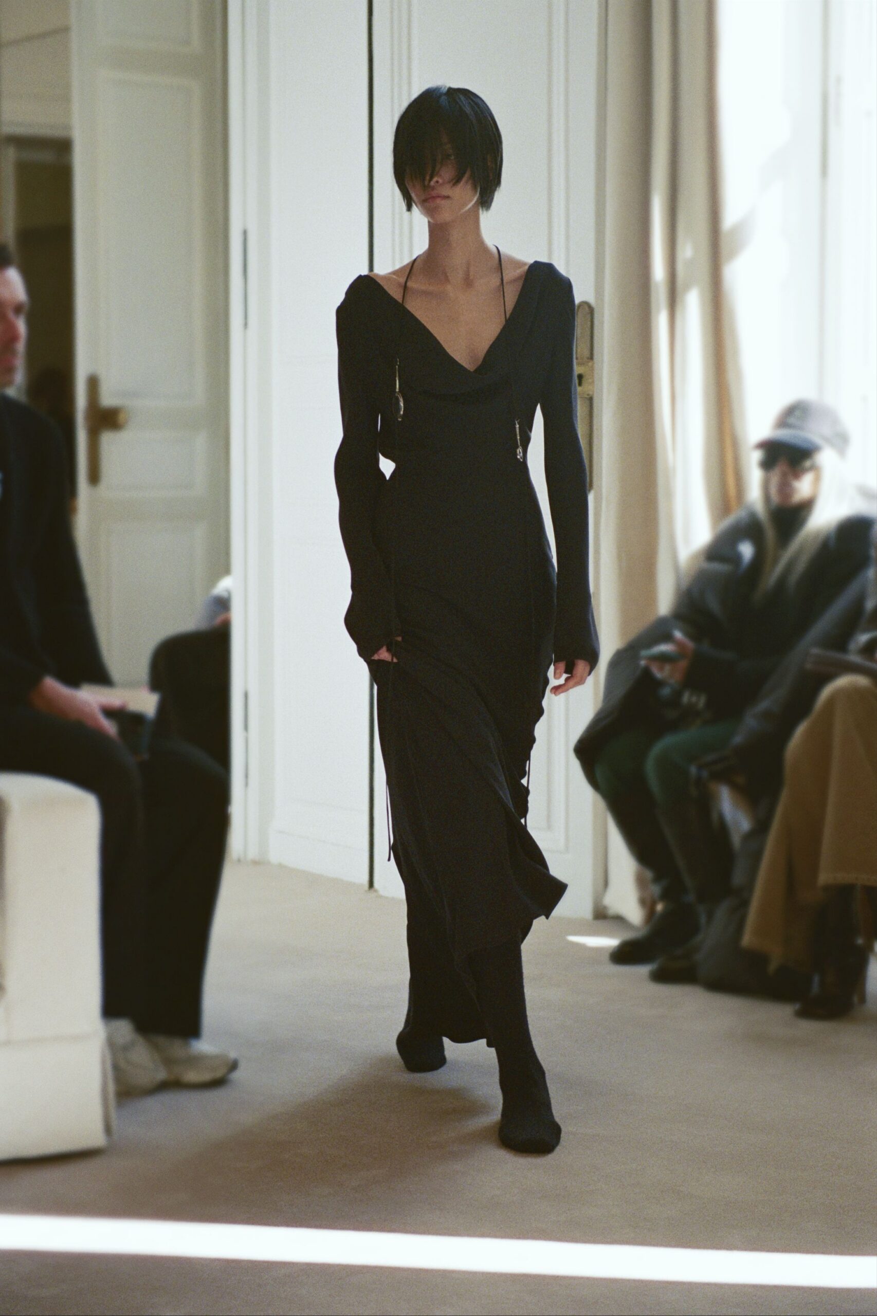 black silk long-sleeve v-neck fitted draped maxi dress