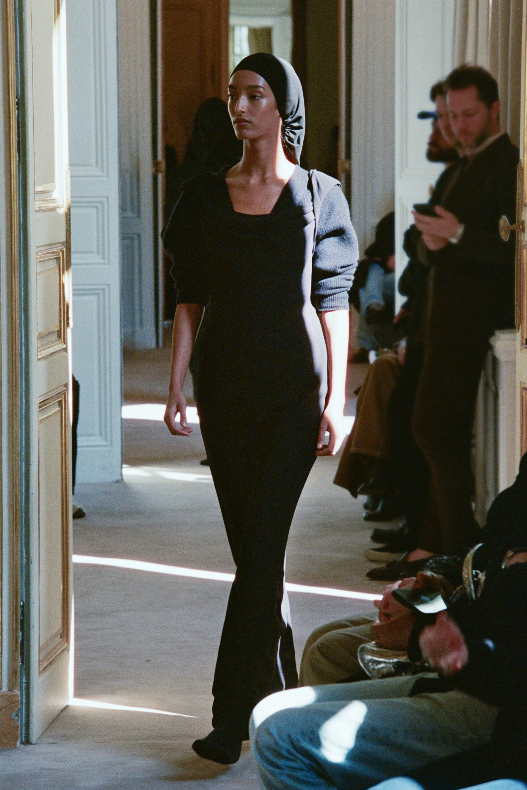 black fitted maxi dress with headscarf