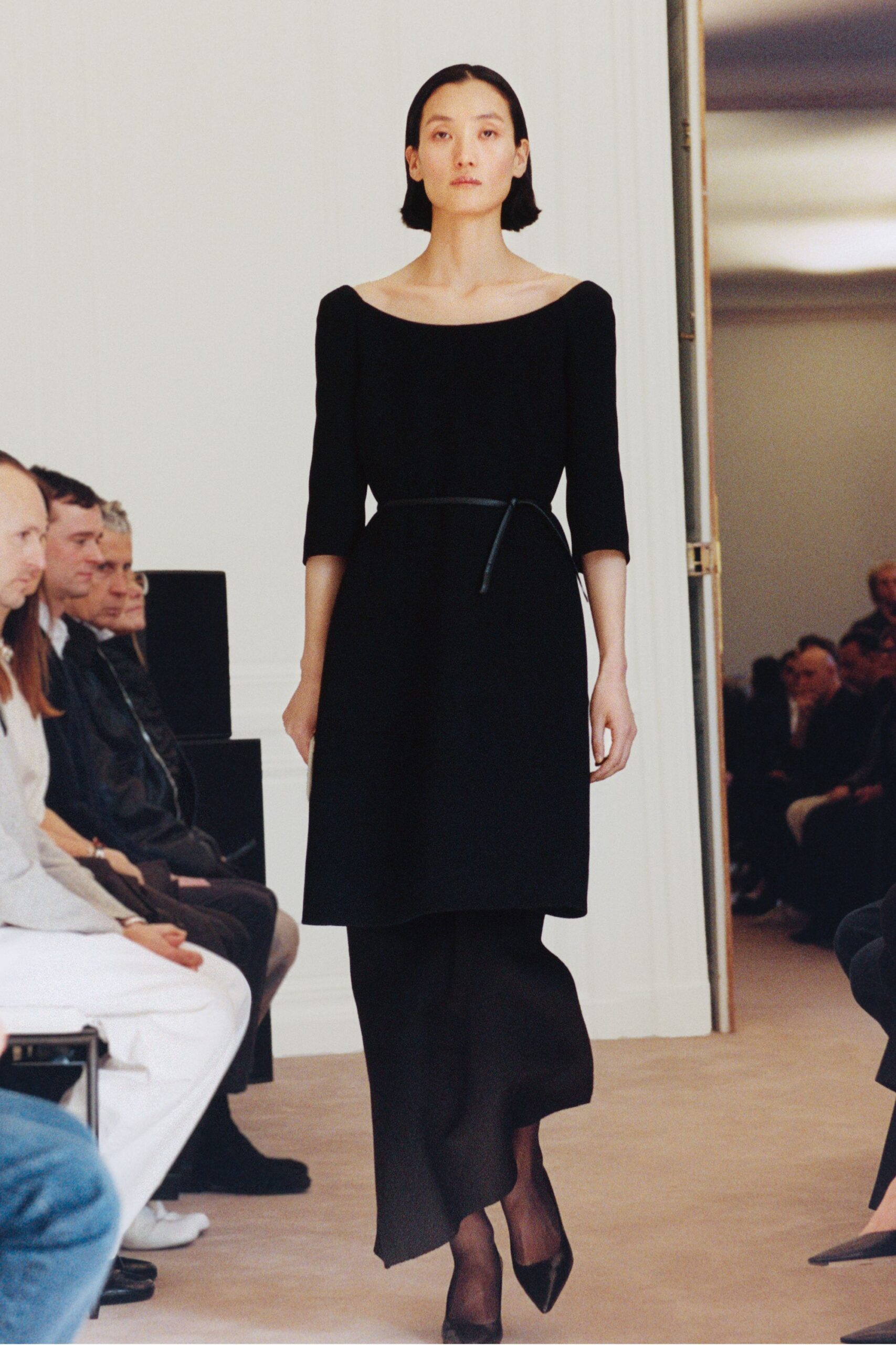black wool long-sleeve off-shoulder fitted straight-leg belted dress