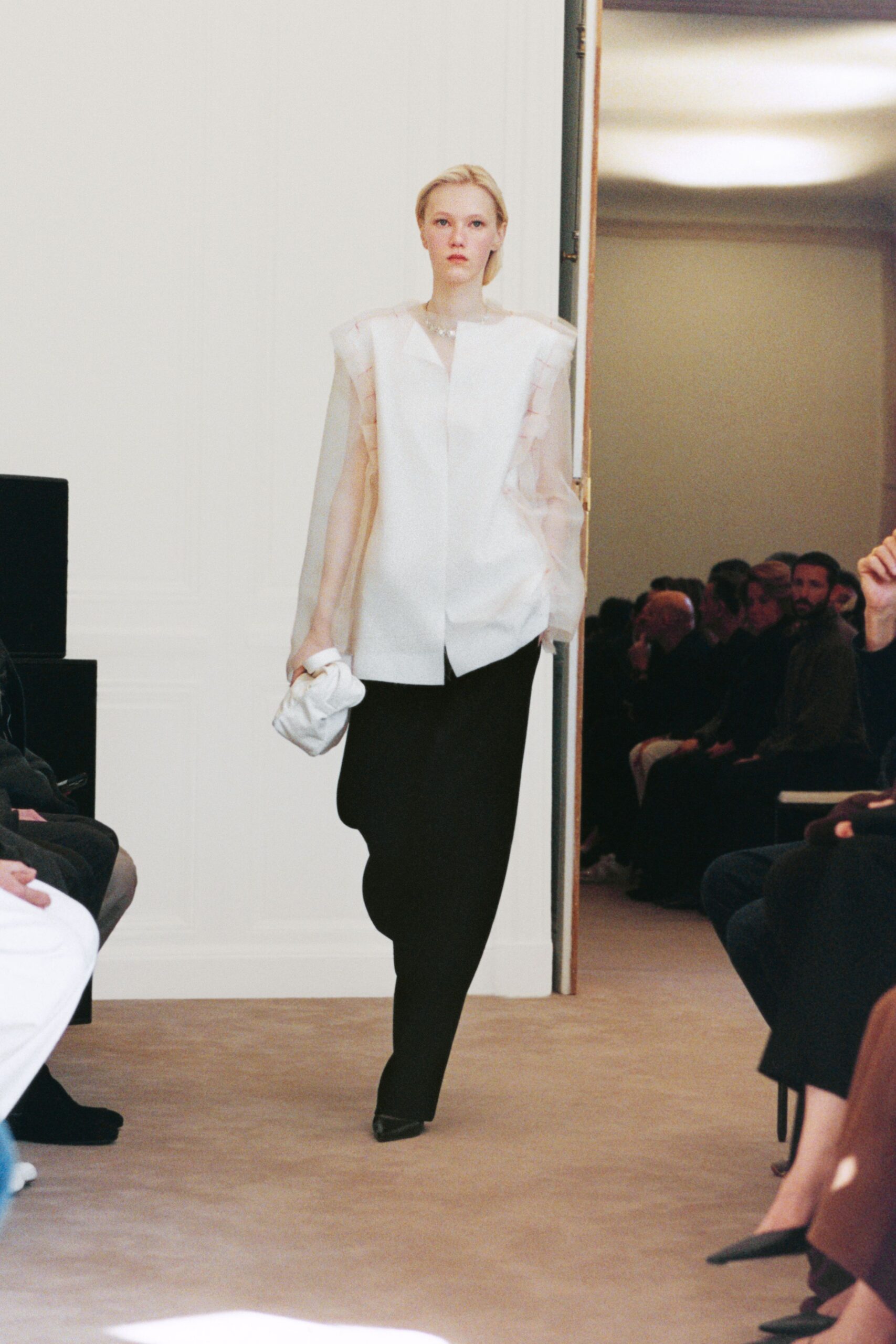 white silk long-sleeve collared structured layered blazer
