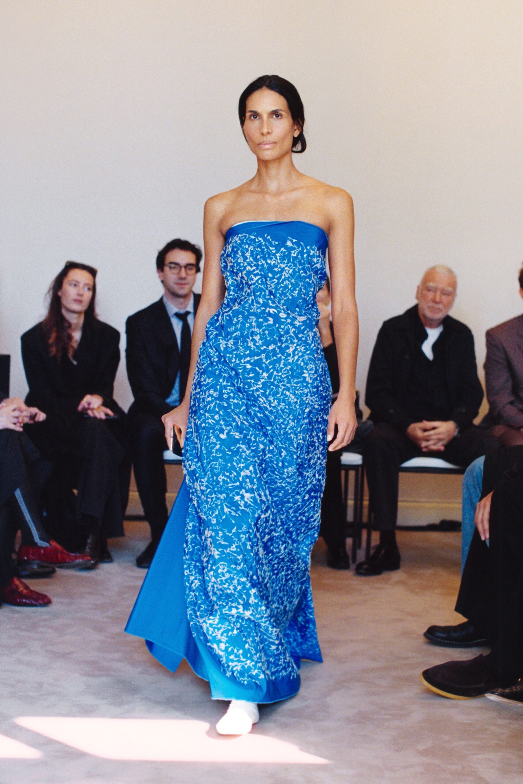 blue strapless embellished gown