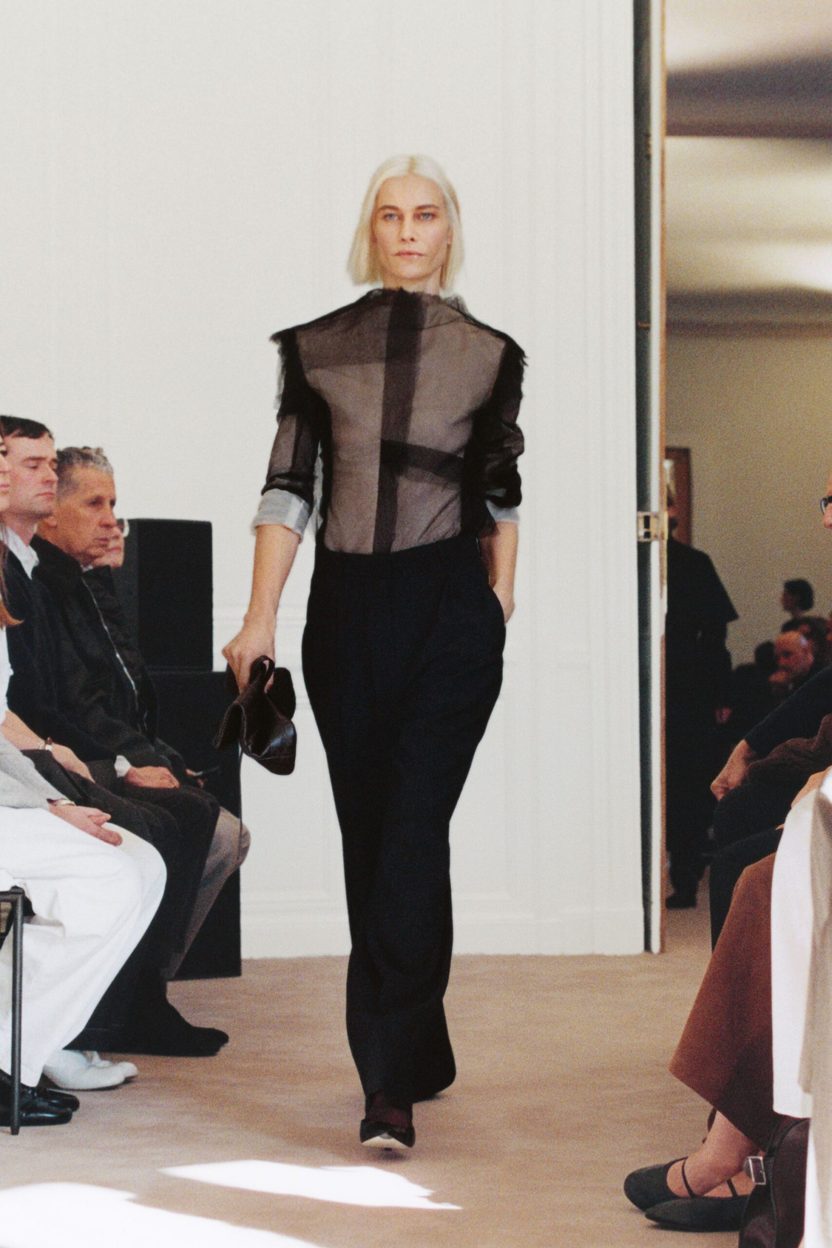 black silk long-sleeve collared fitted ruffled sheer blouse