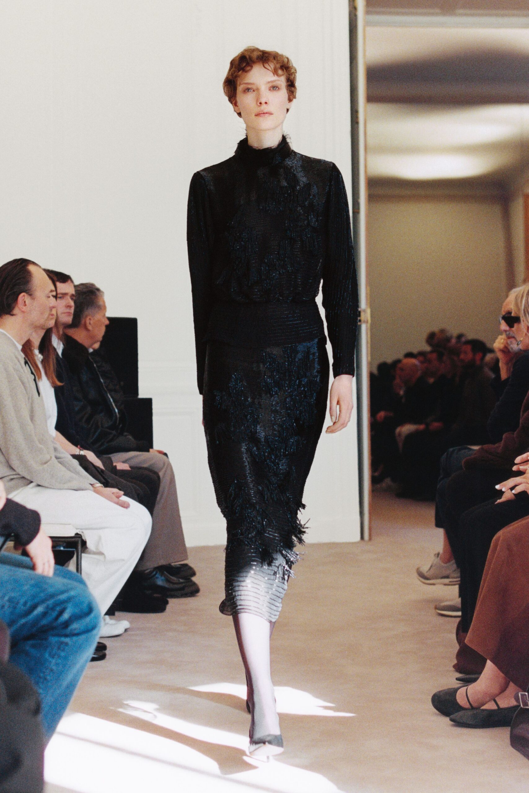 black silk long-sleeve turtleneck fitted ruffled top