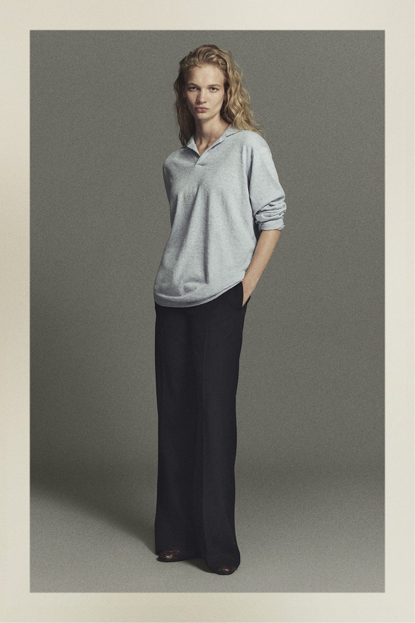 gray cotton long-sleeve v-neck relaxed top