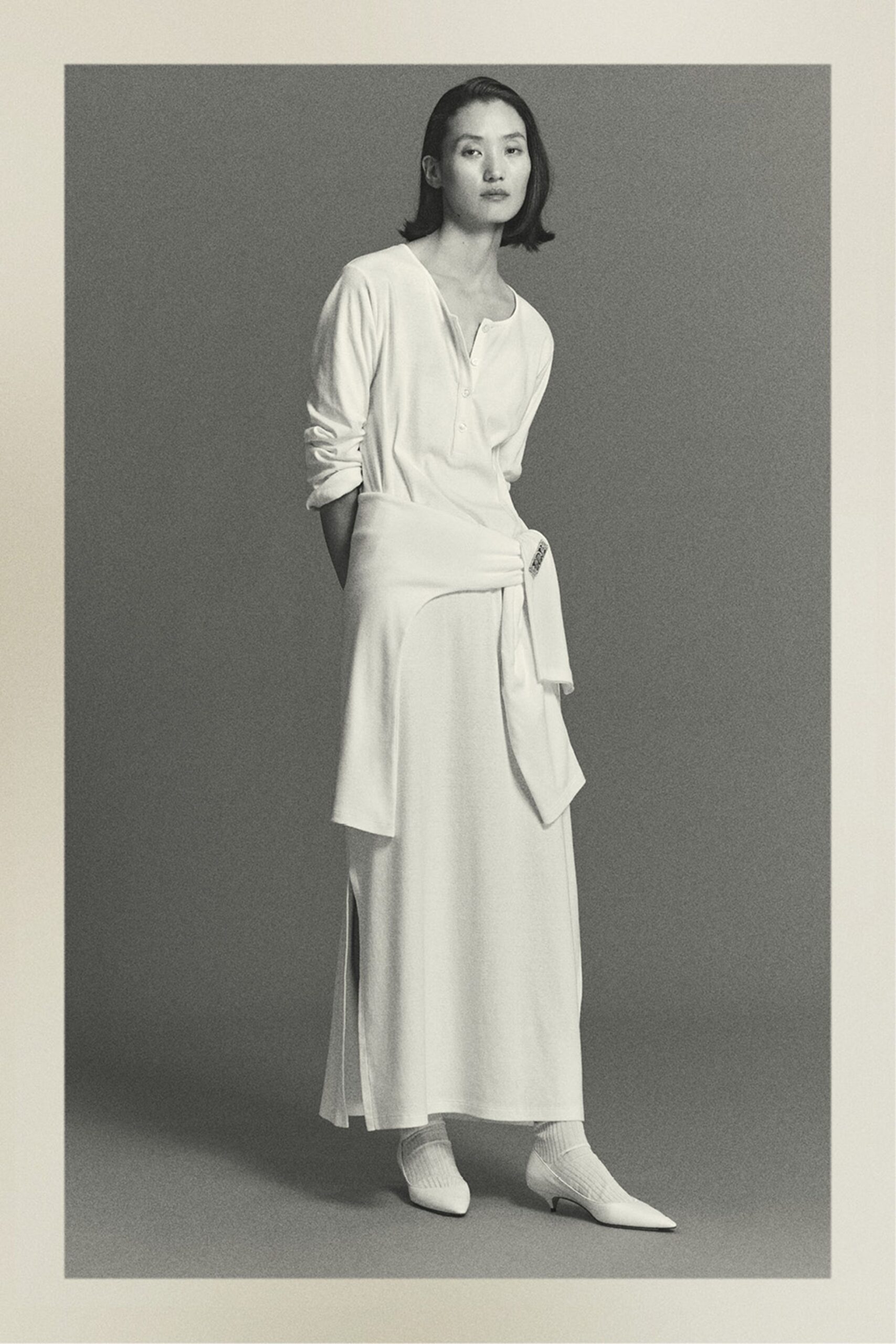white cotton long-sleeve v-neck fitted layered midi dress