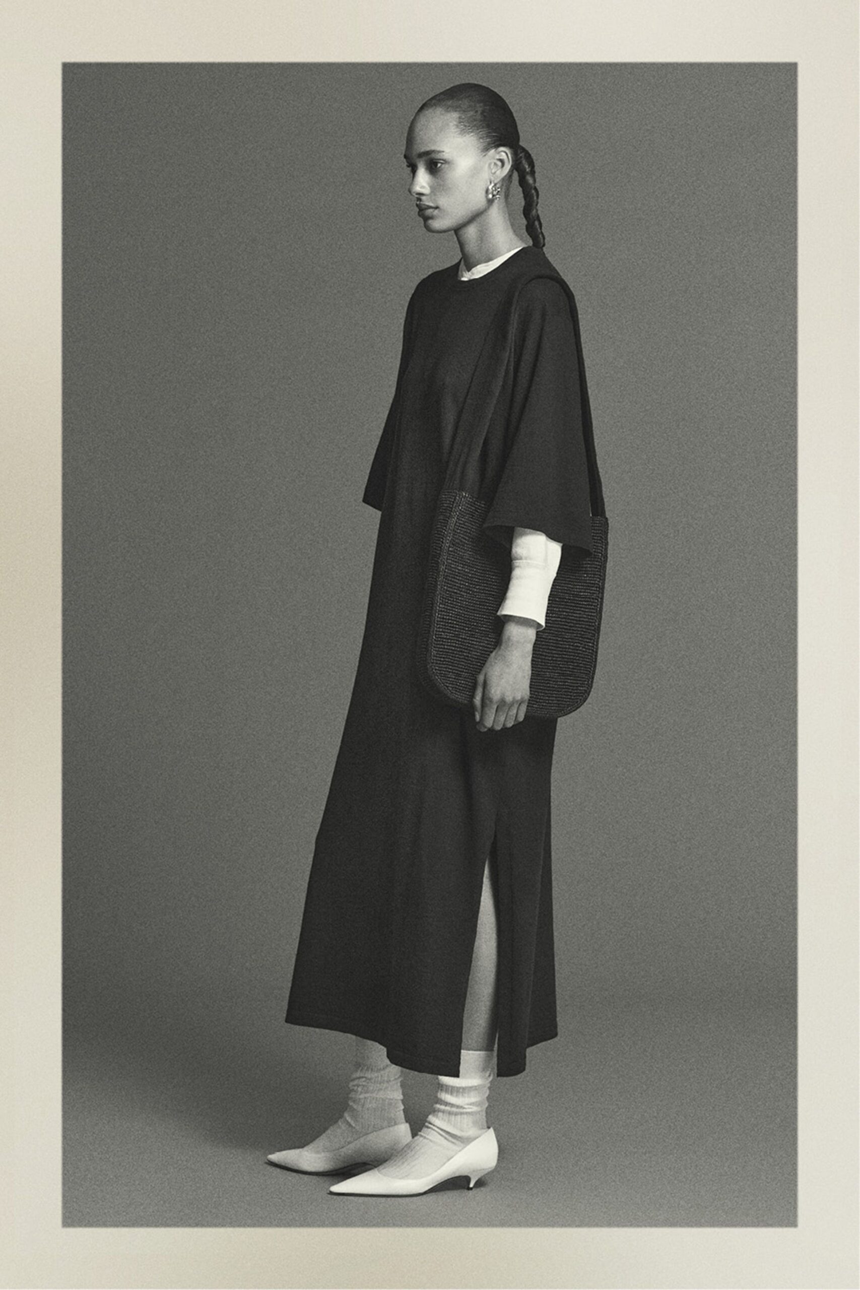 black cotton short-sleeve high-neck relaxed maxi dress