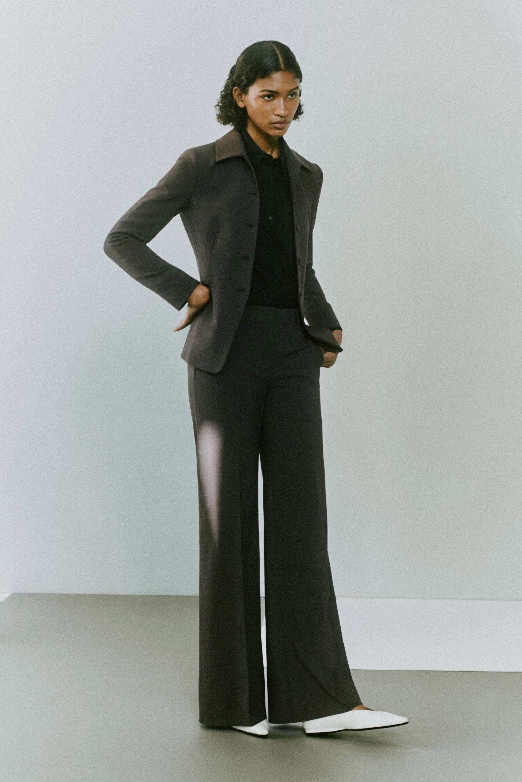 brown wool tailored high-waisted flared pants