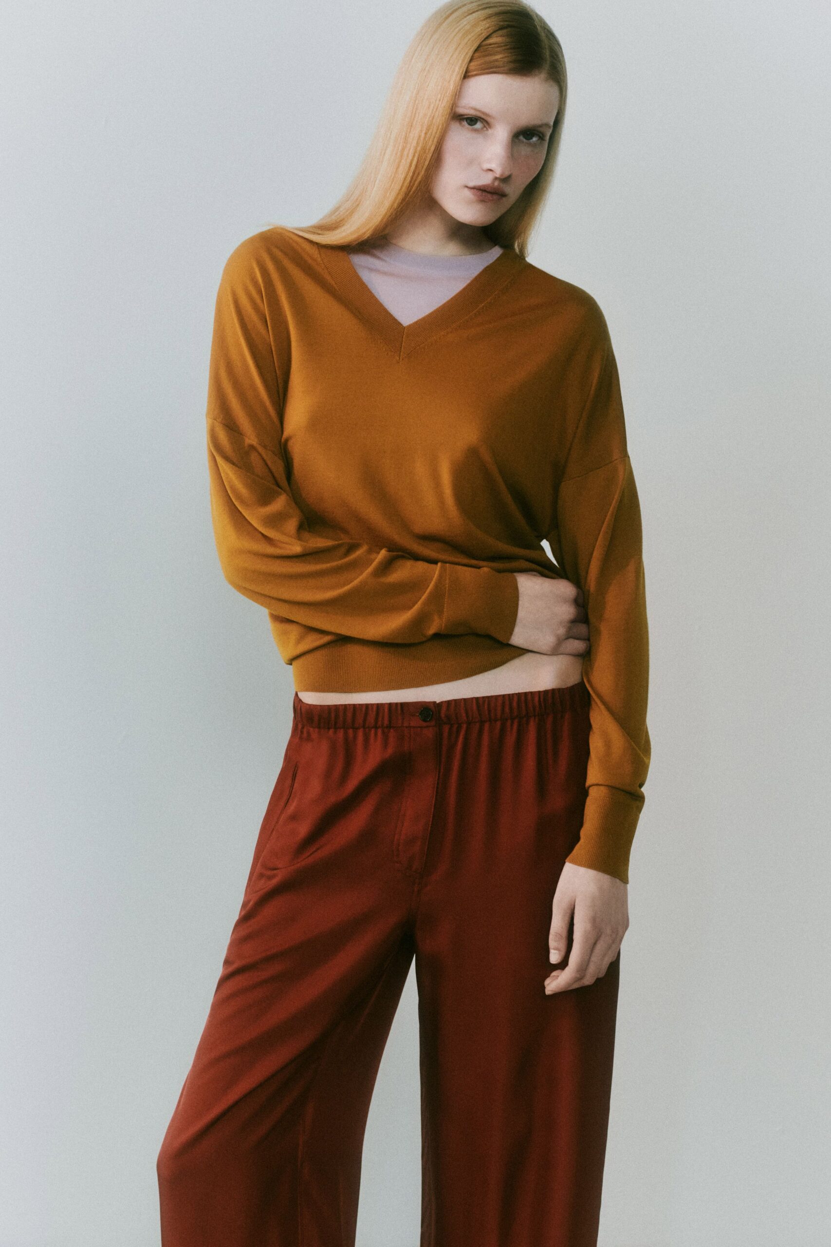 red silk relaxed pants