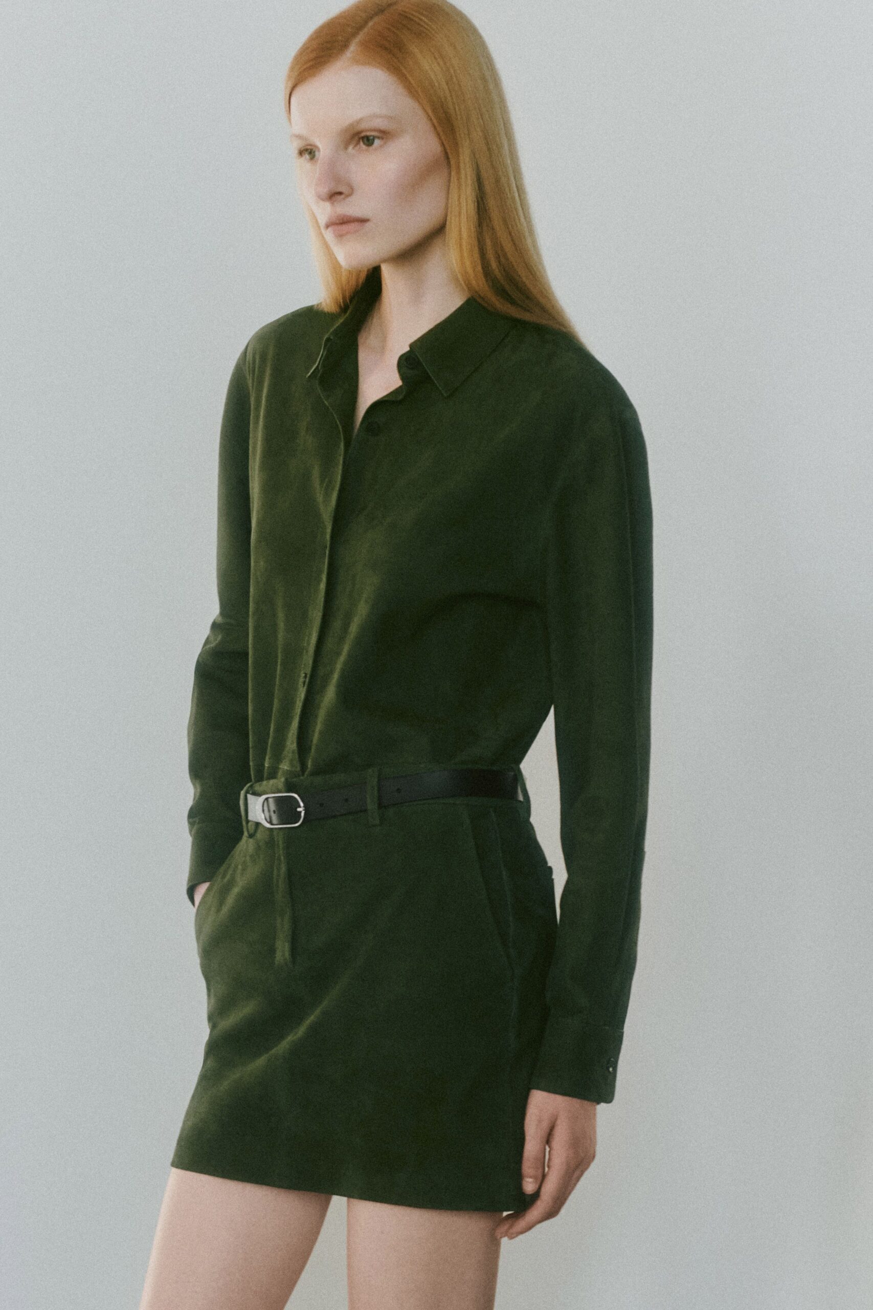green cotton long-sleeve collared fitted pockets belted shirt-dress