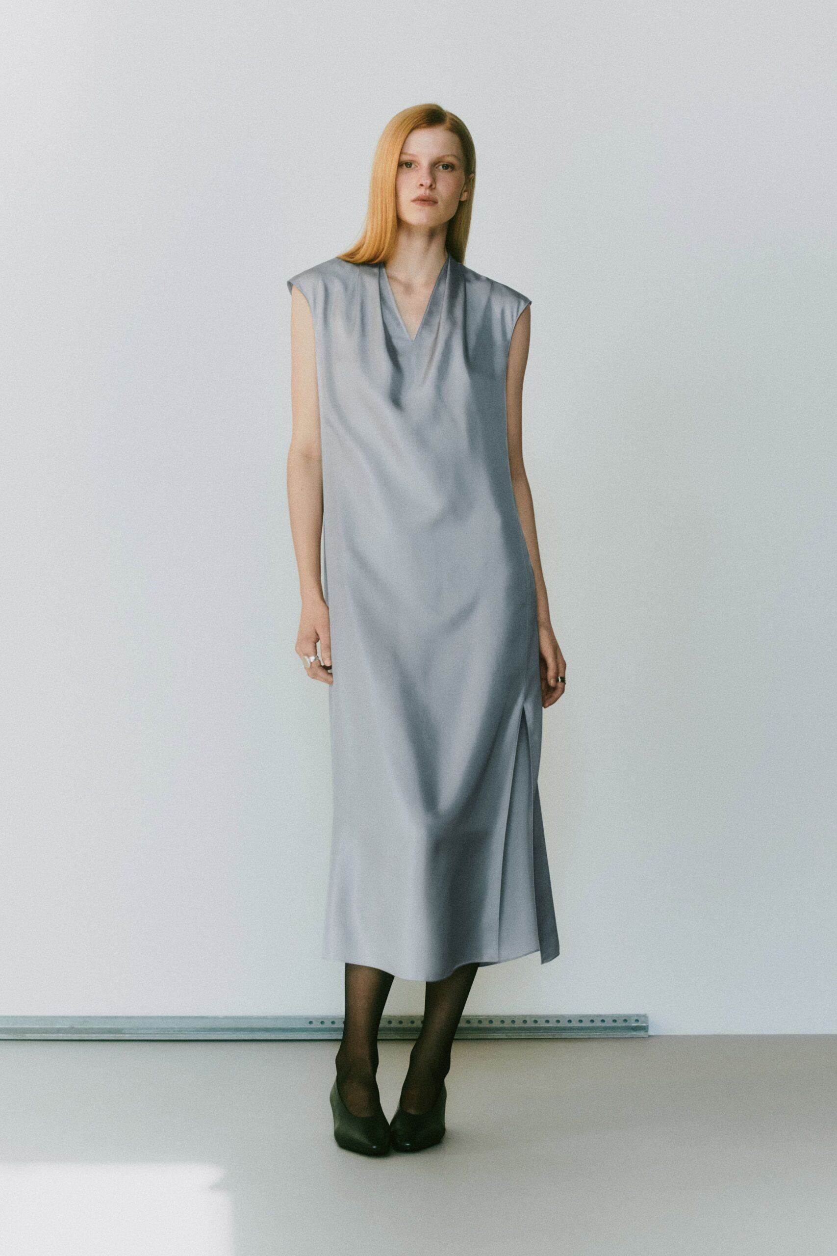 gray silk sleeveless v-neck relaxed draped midi dress