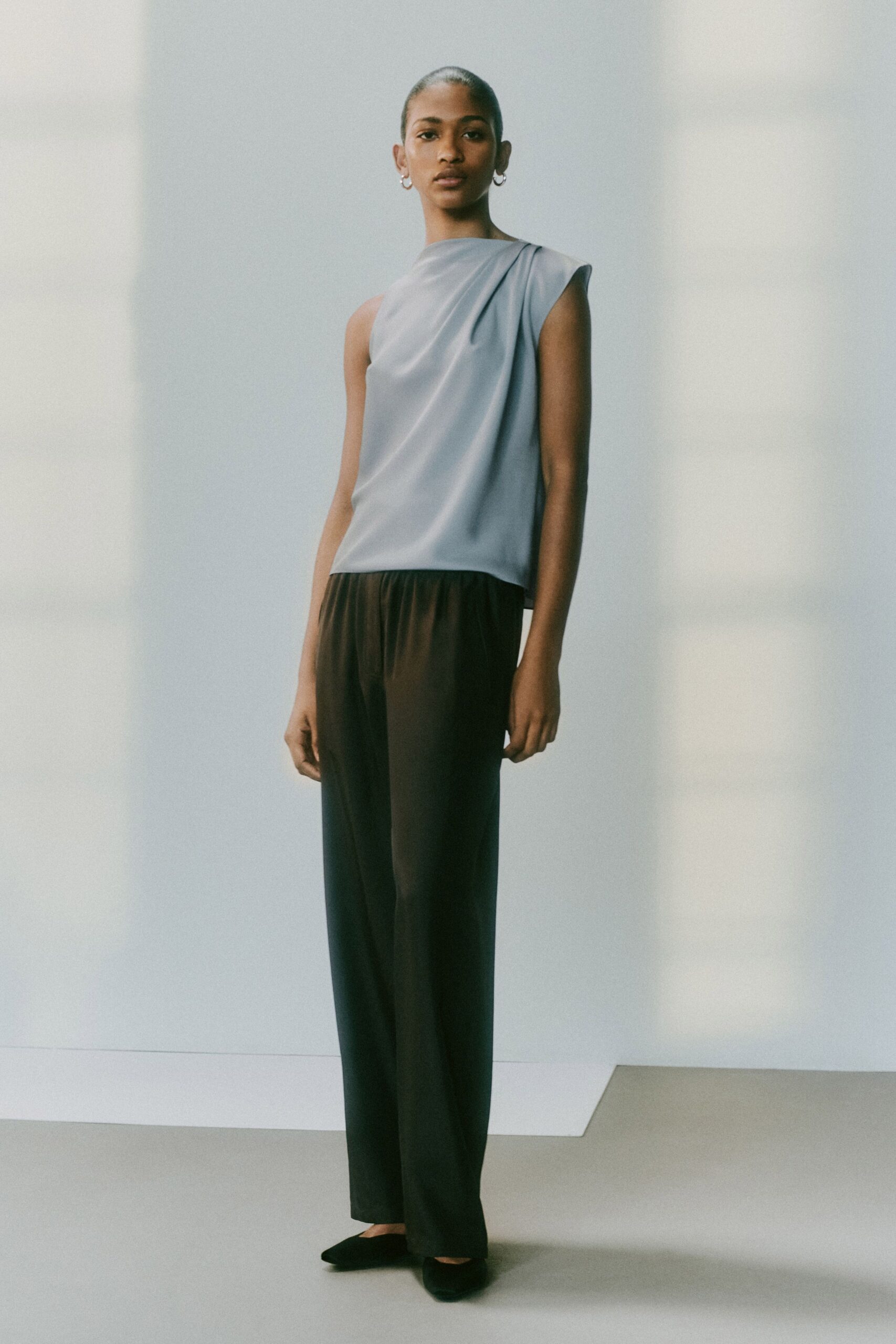 blue silk sleeveless asymmetric fitted draped top