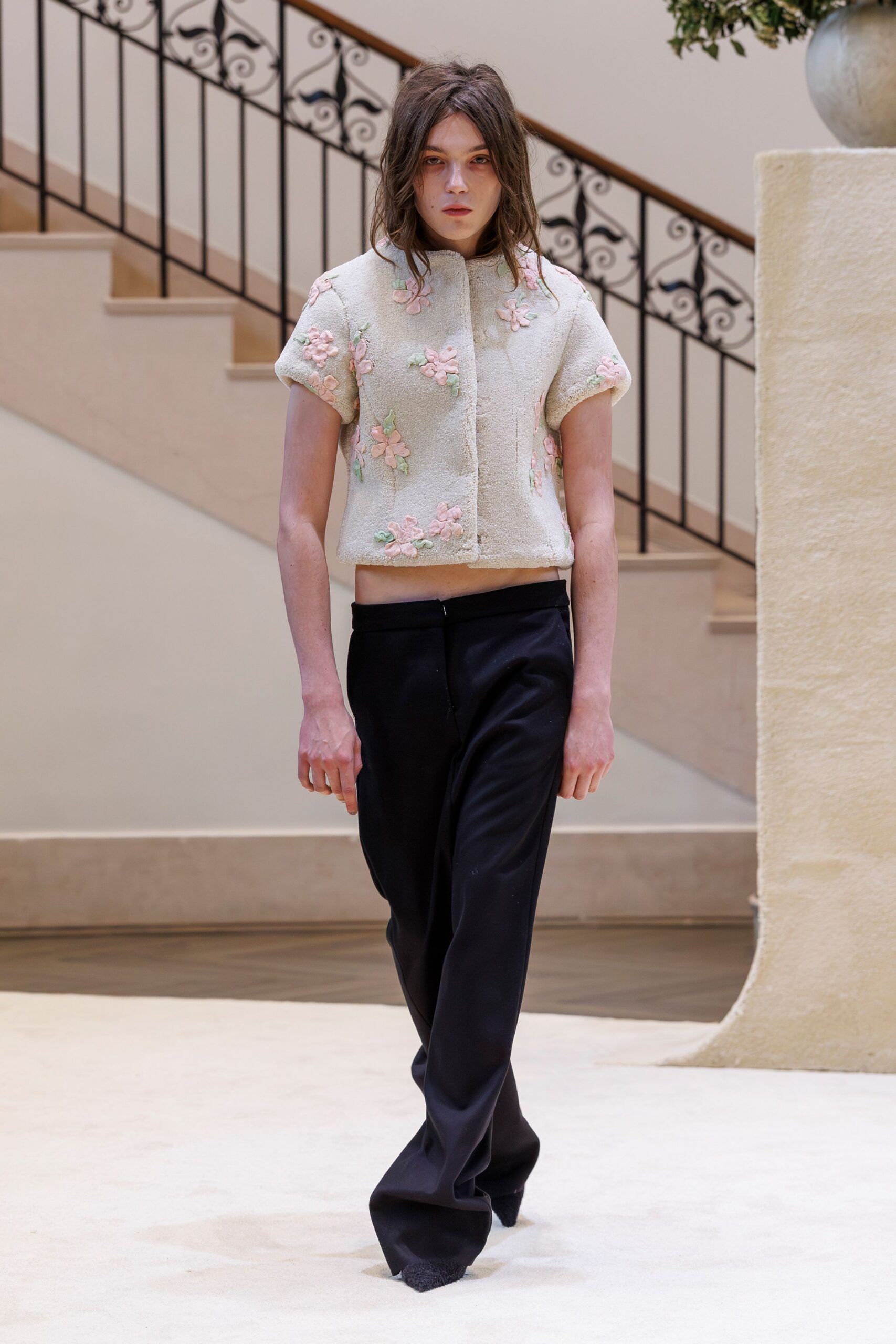 beige cotton short-sleeve collared fitted embroidered top