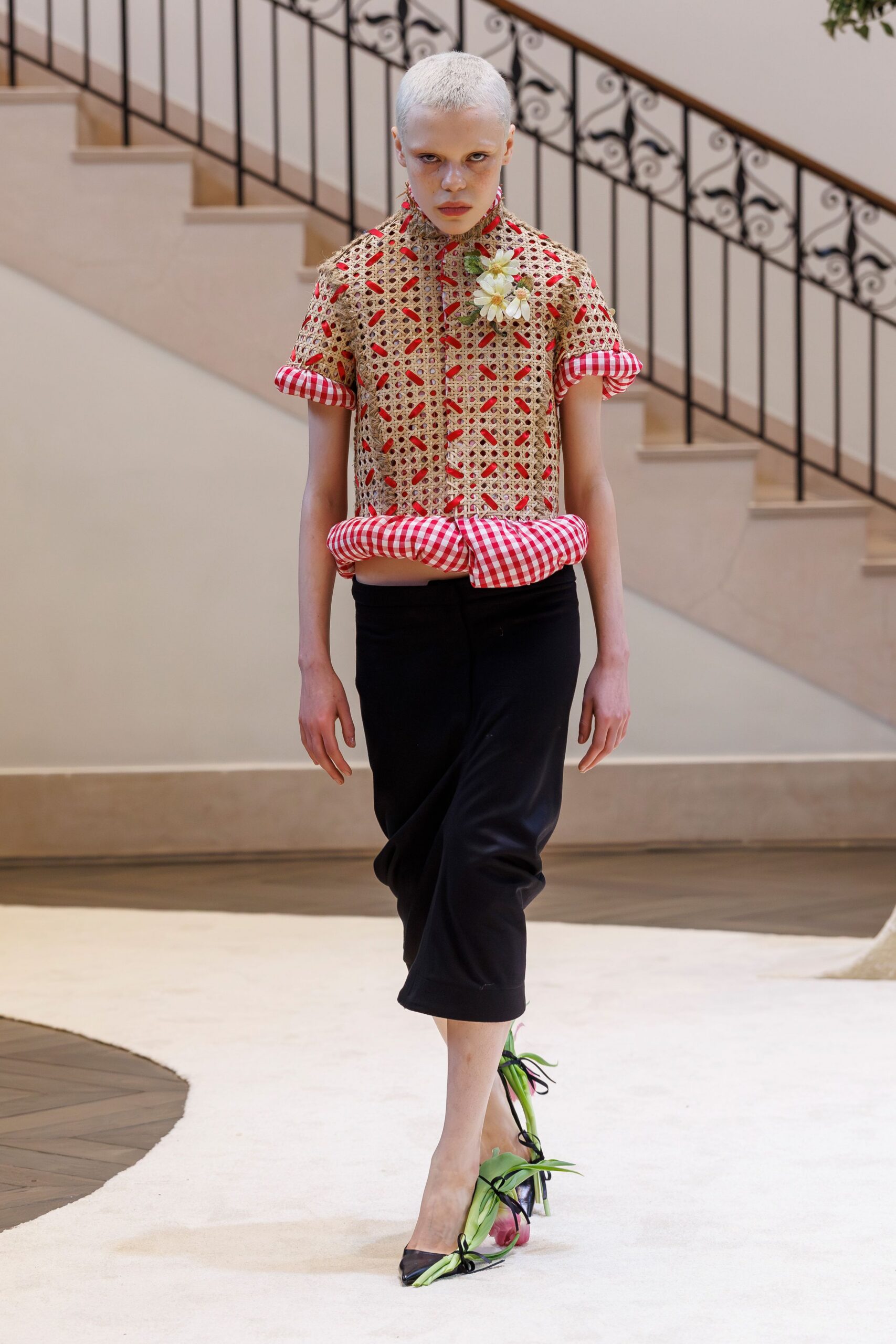 red cotton short-sleeve collared fitted embroidered layered top