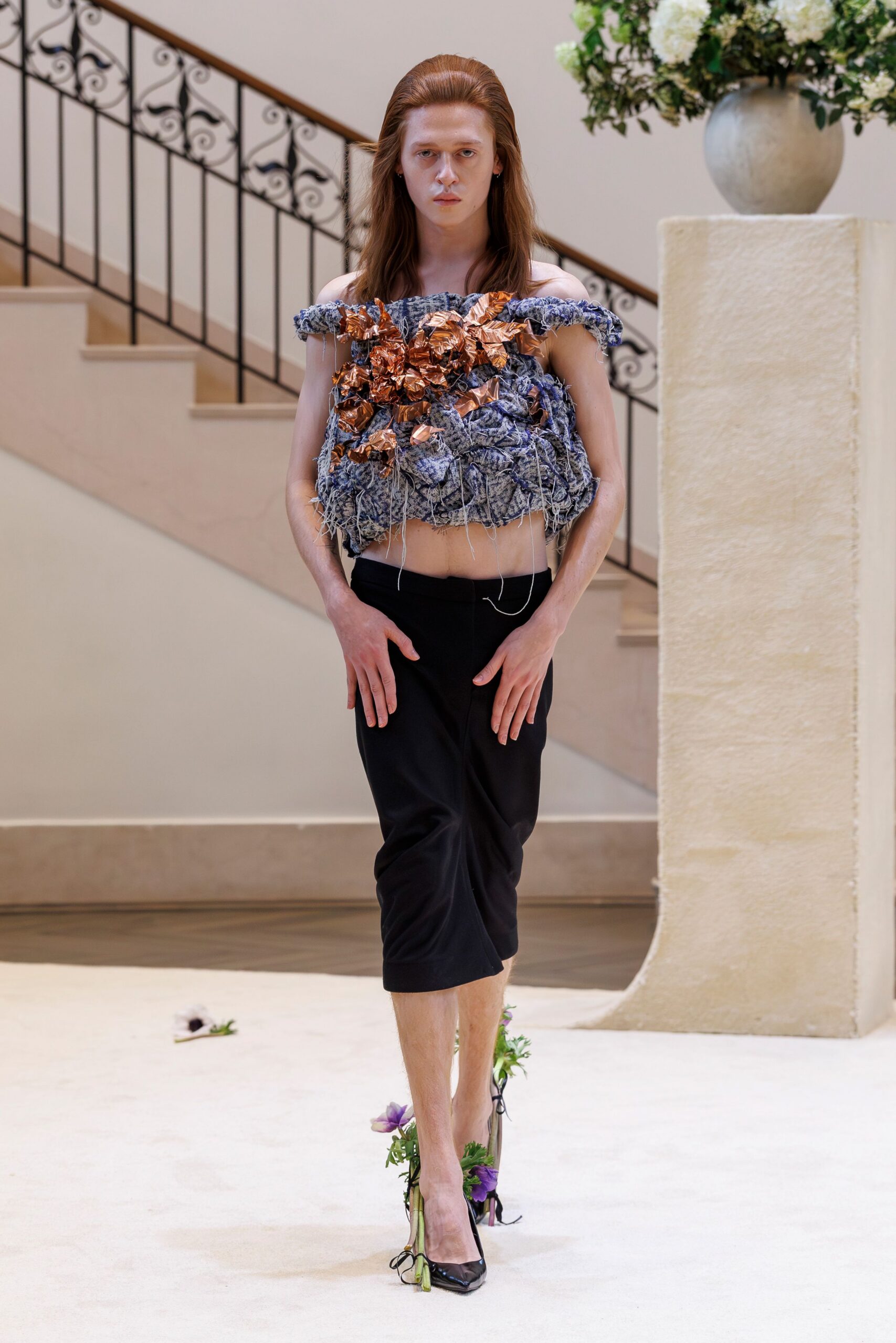 blue orange ruffled top black midi skirt