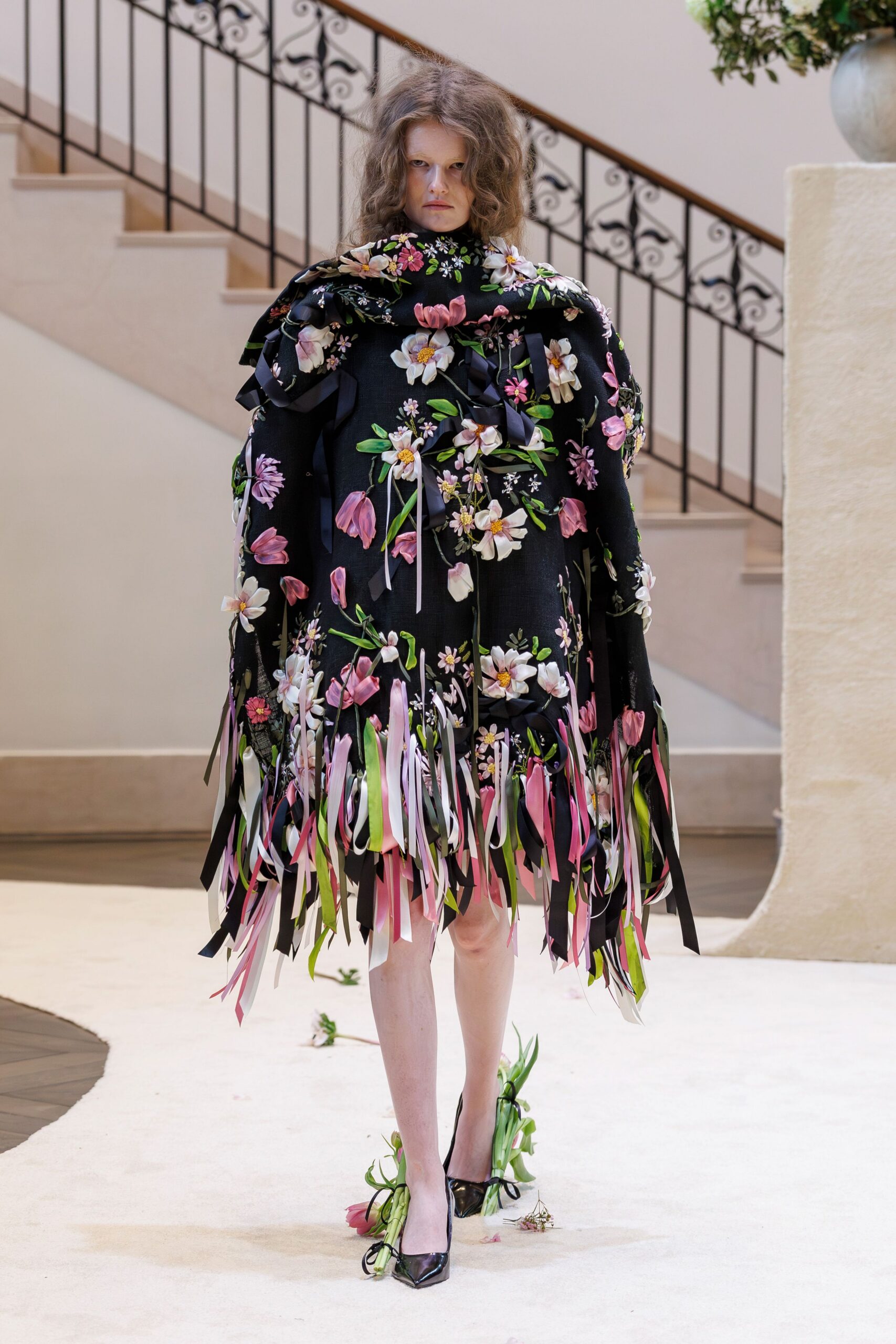 black floral fringed cape