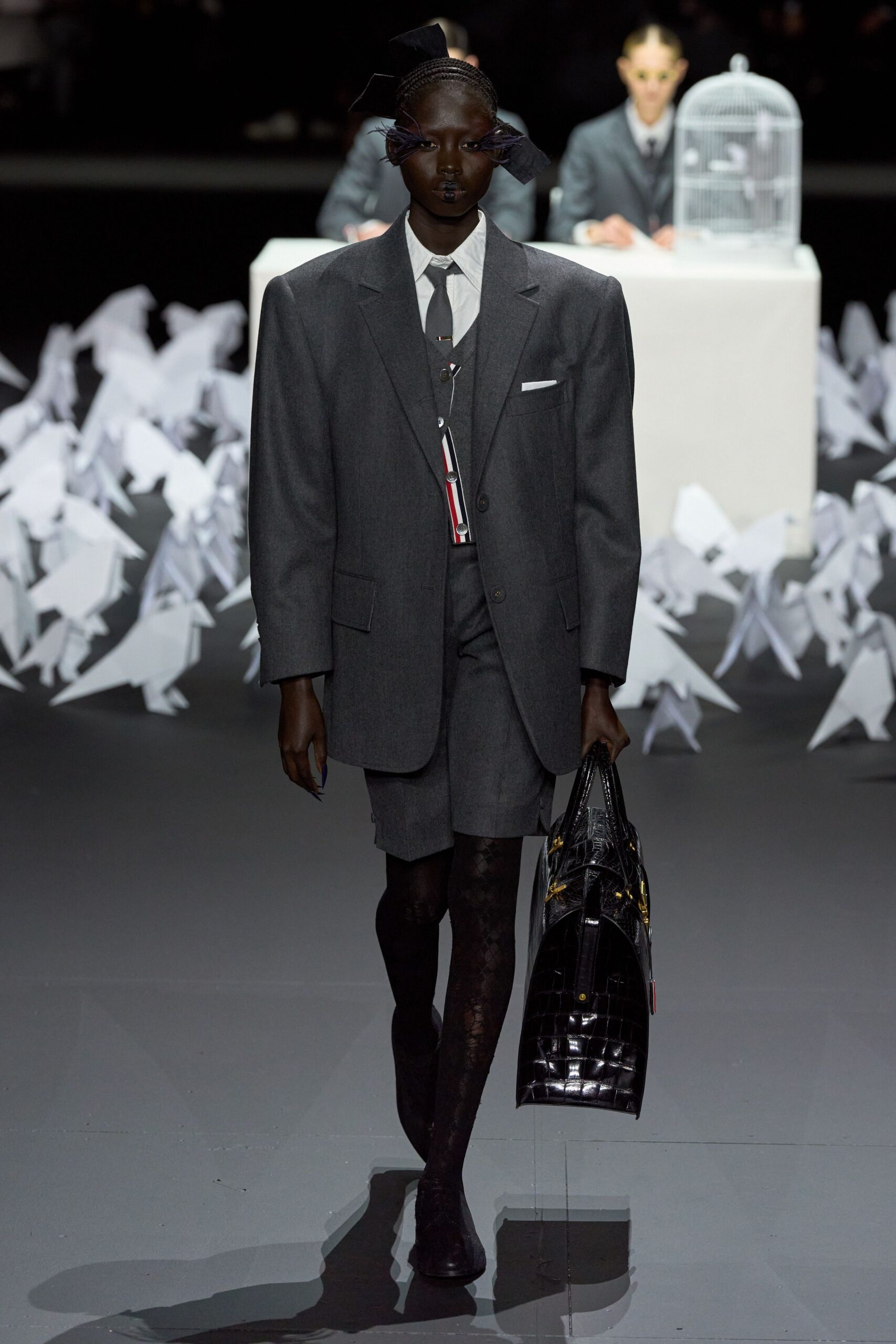 gray wool blazer and tailored shorts