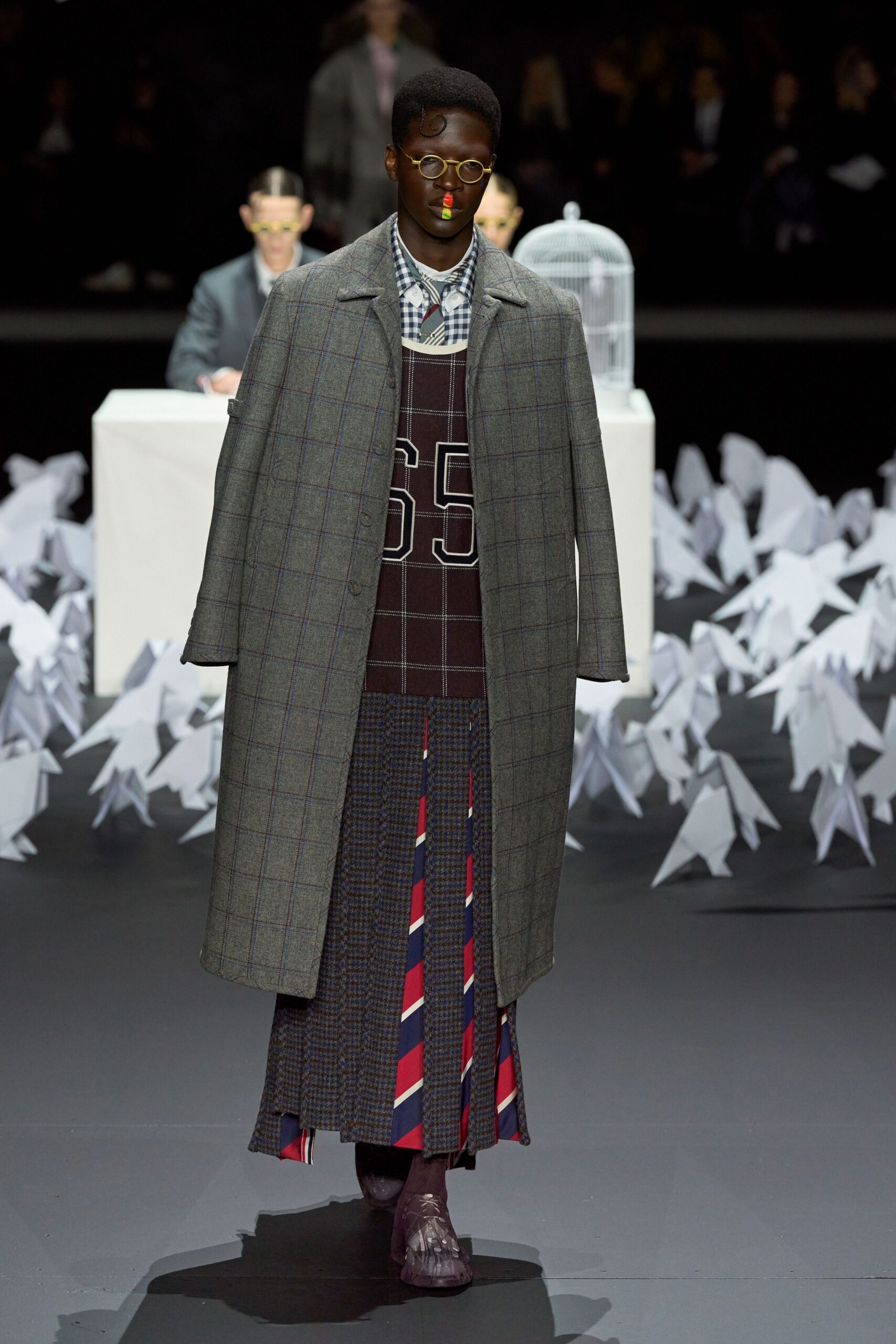 gray wool coat with printed sweater