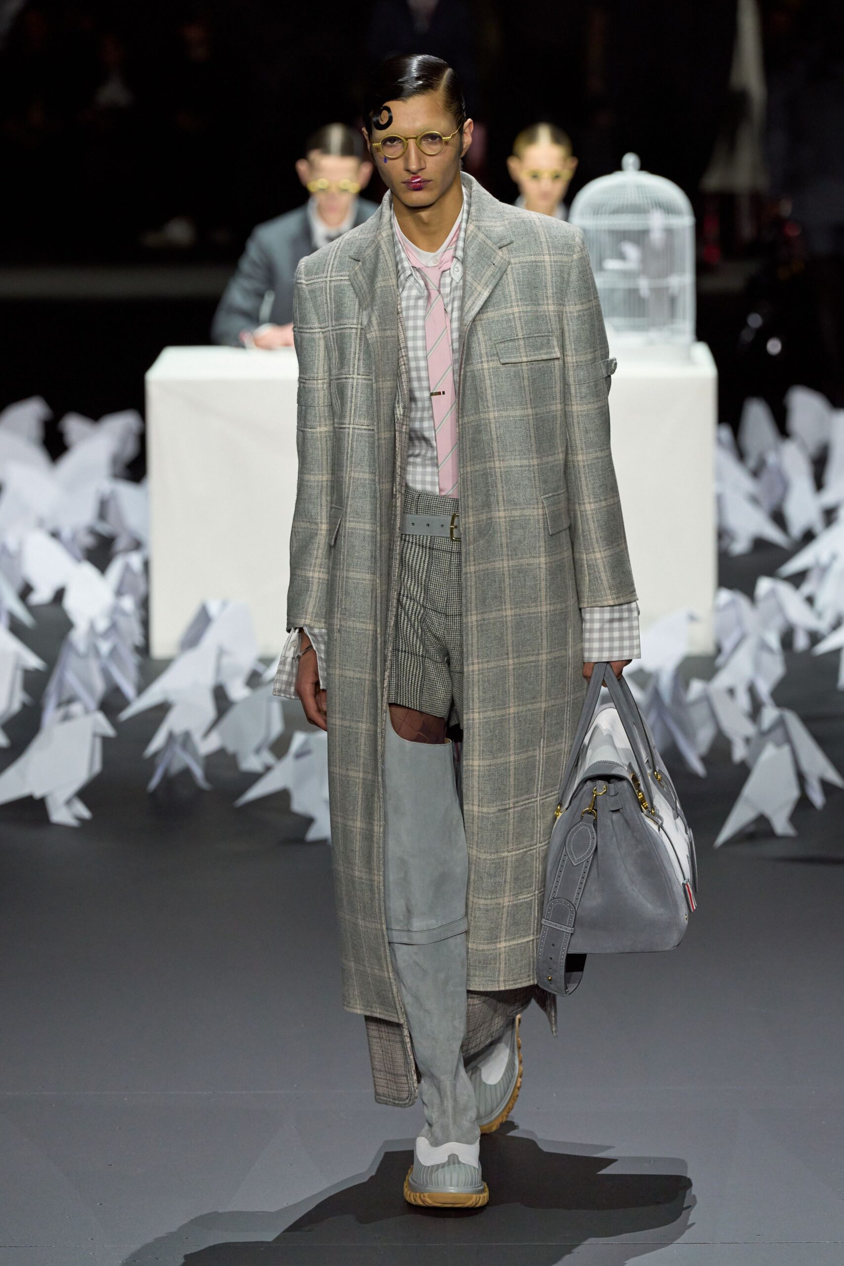 gray wool coat with striped pants