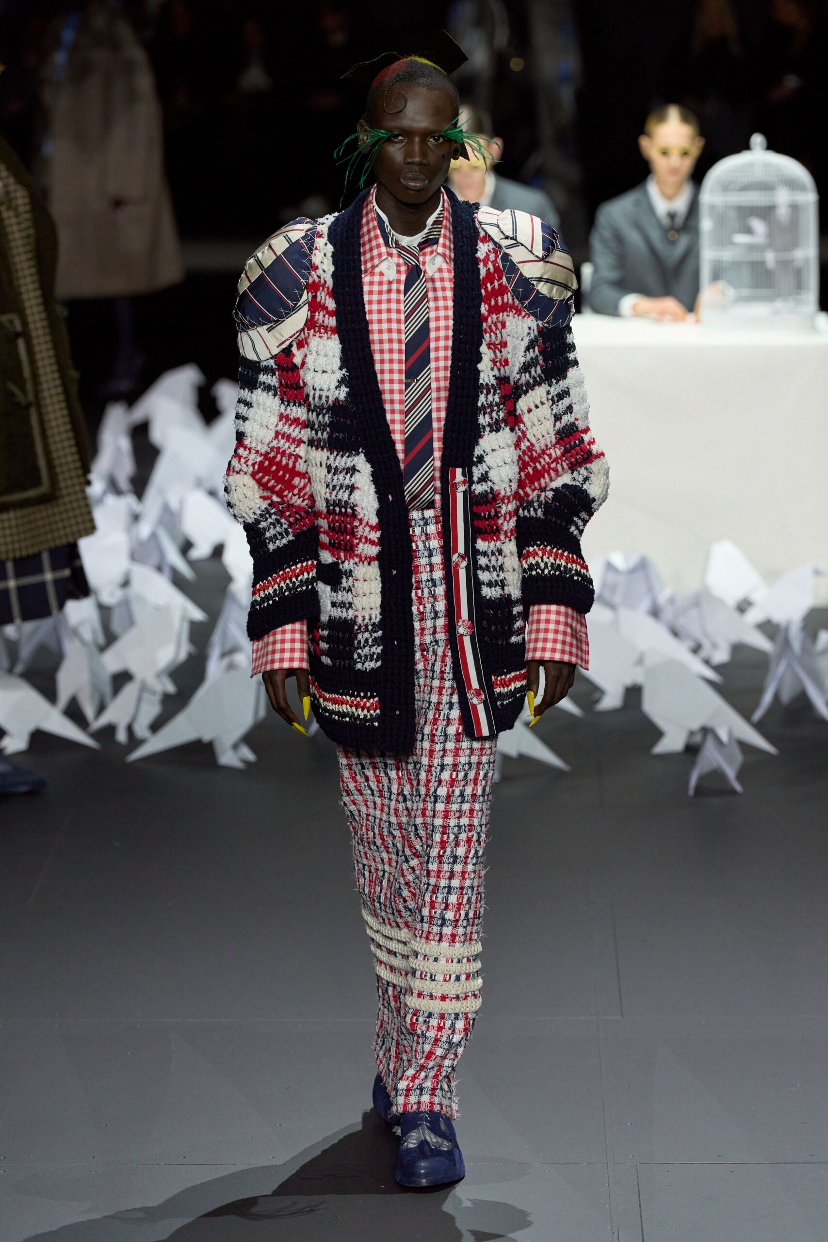checked cardigan and pants