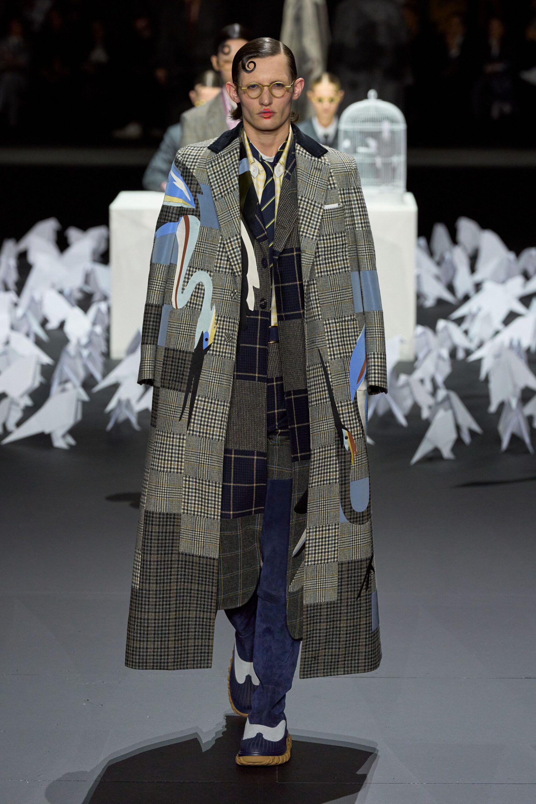 gray wool structured coat with blue pants