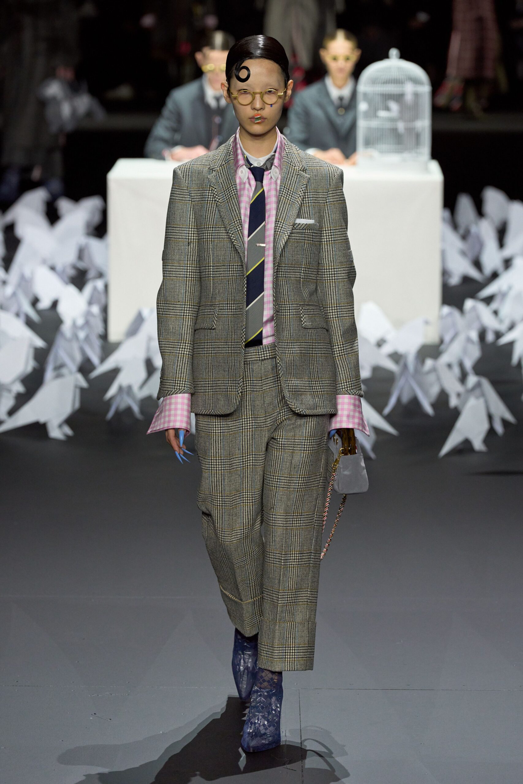gray tailored suit with pink shirt