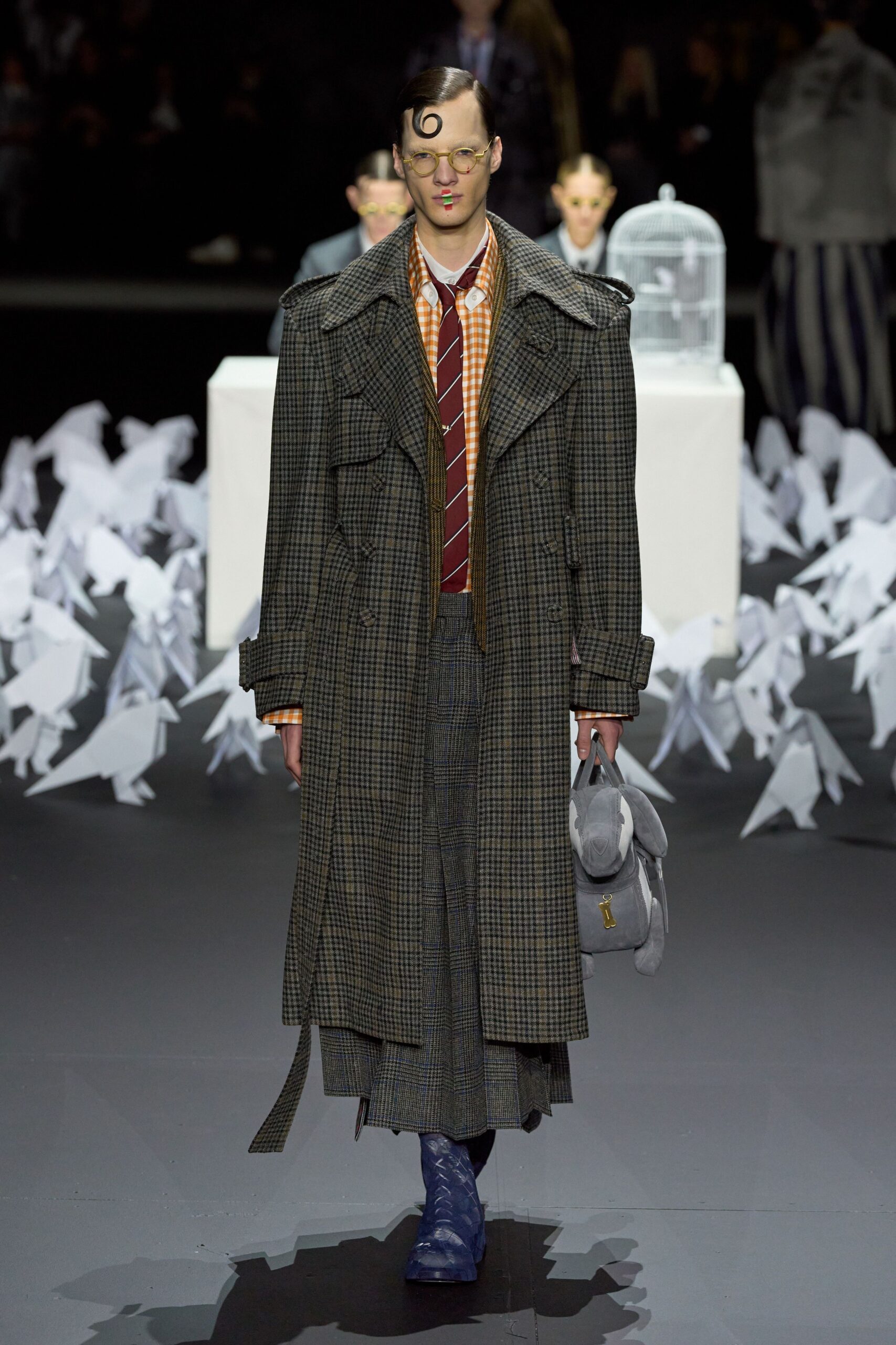 brown checked coat with blue shoes