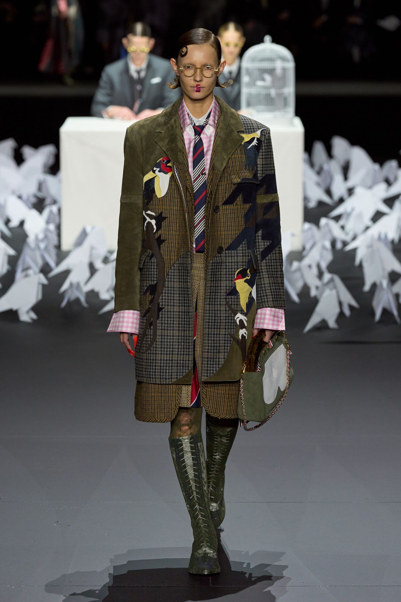 green embroidered coat with pink shirt