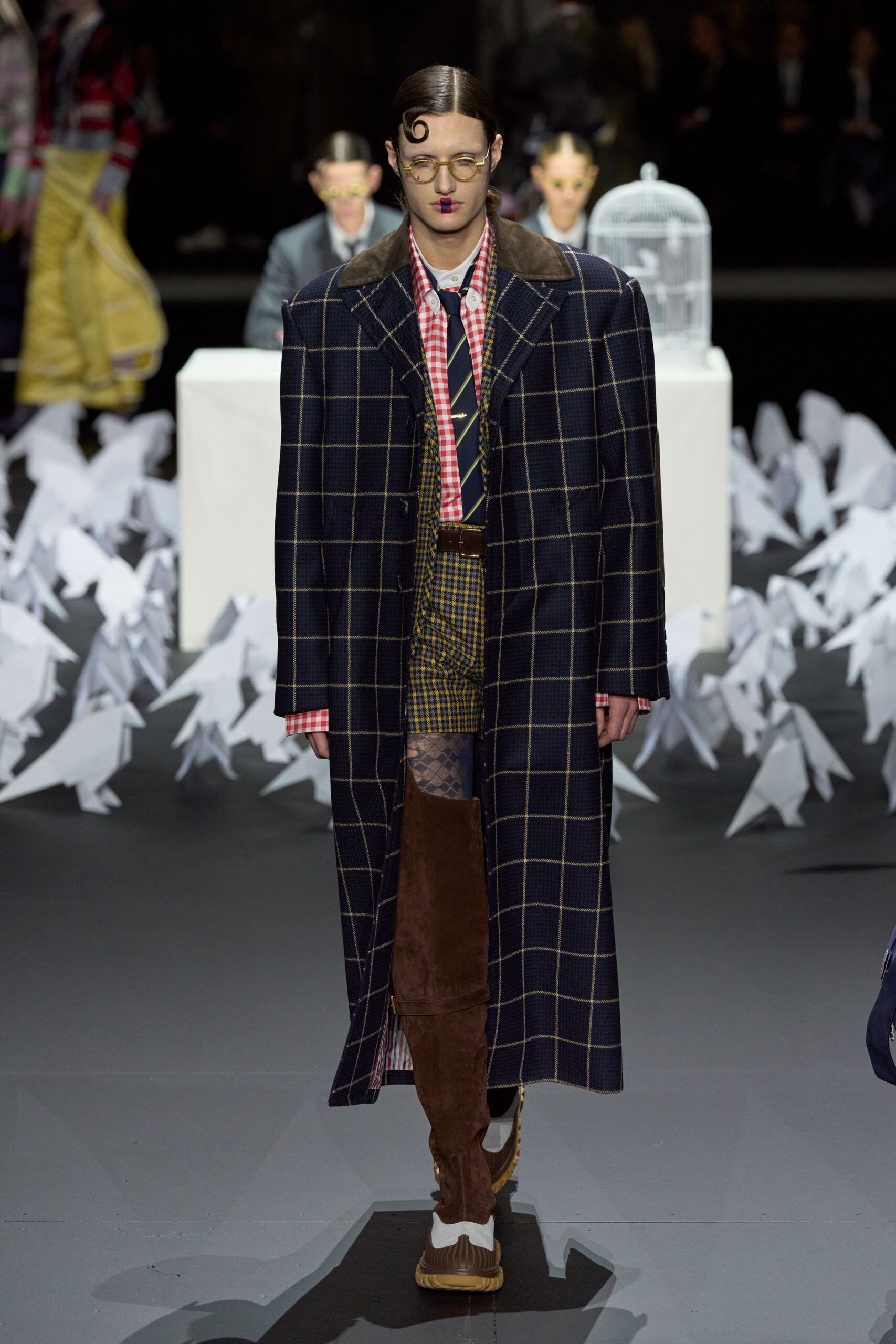 checked coat and shirt ensemble