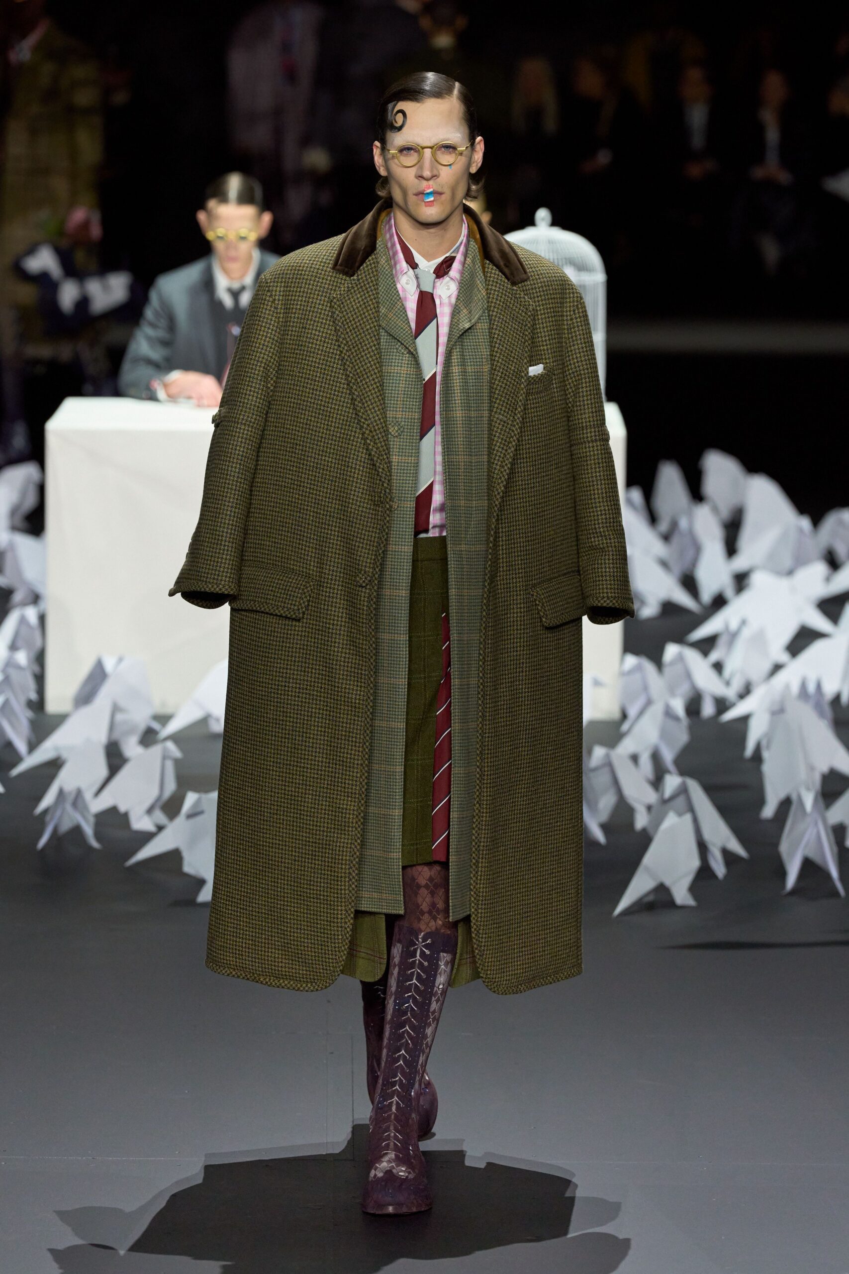 brown checked coat with pink shirt