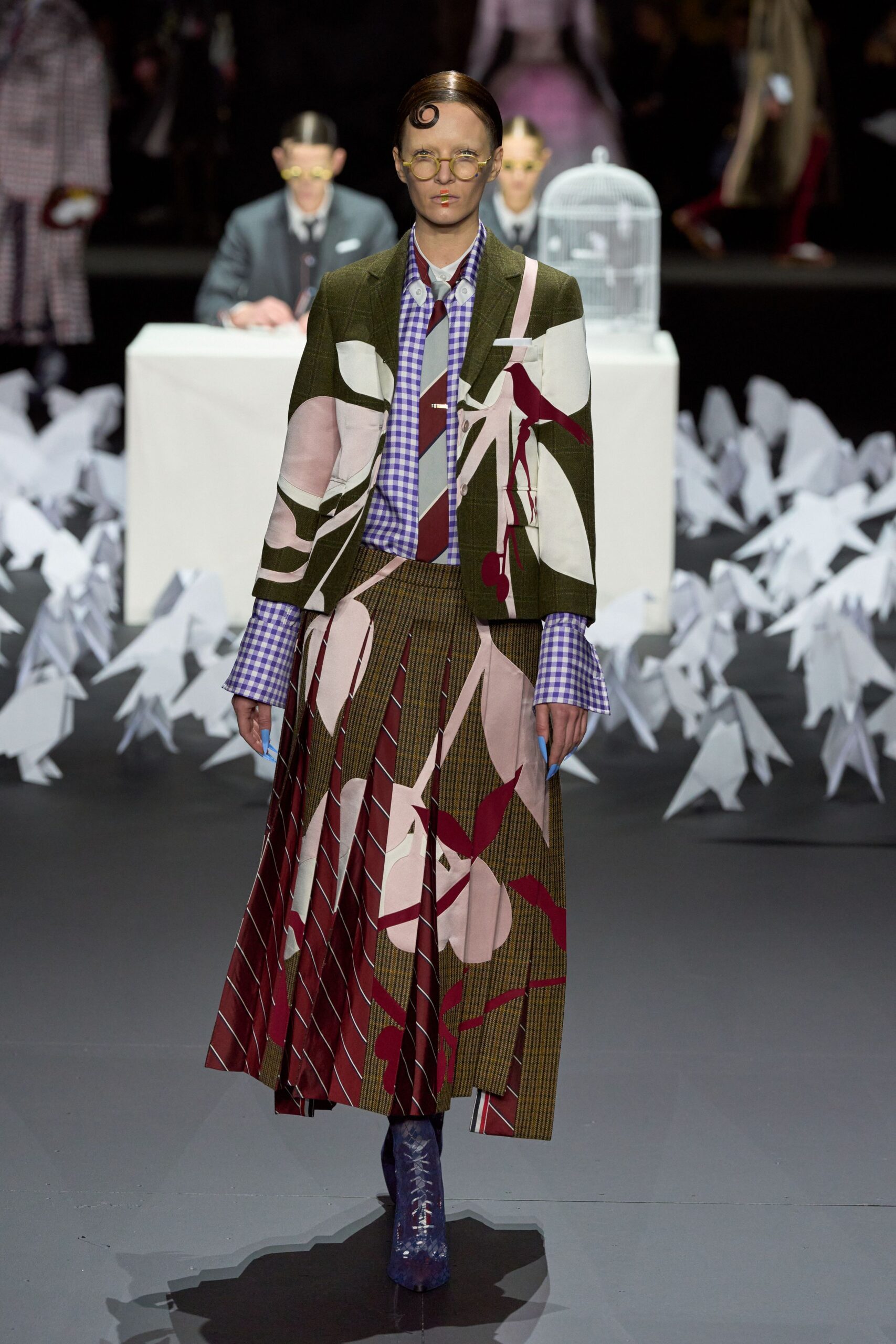 printed blazer with pleated skirt