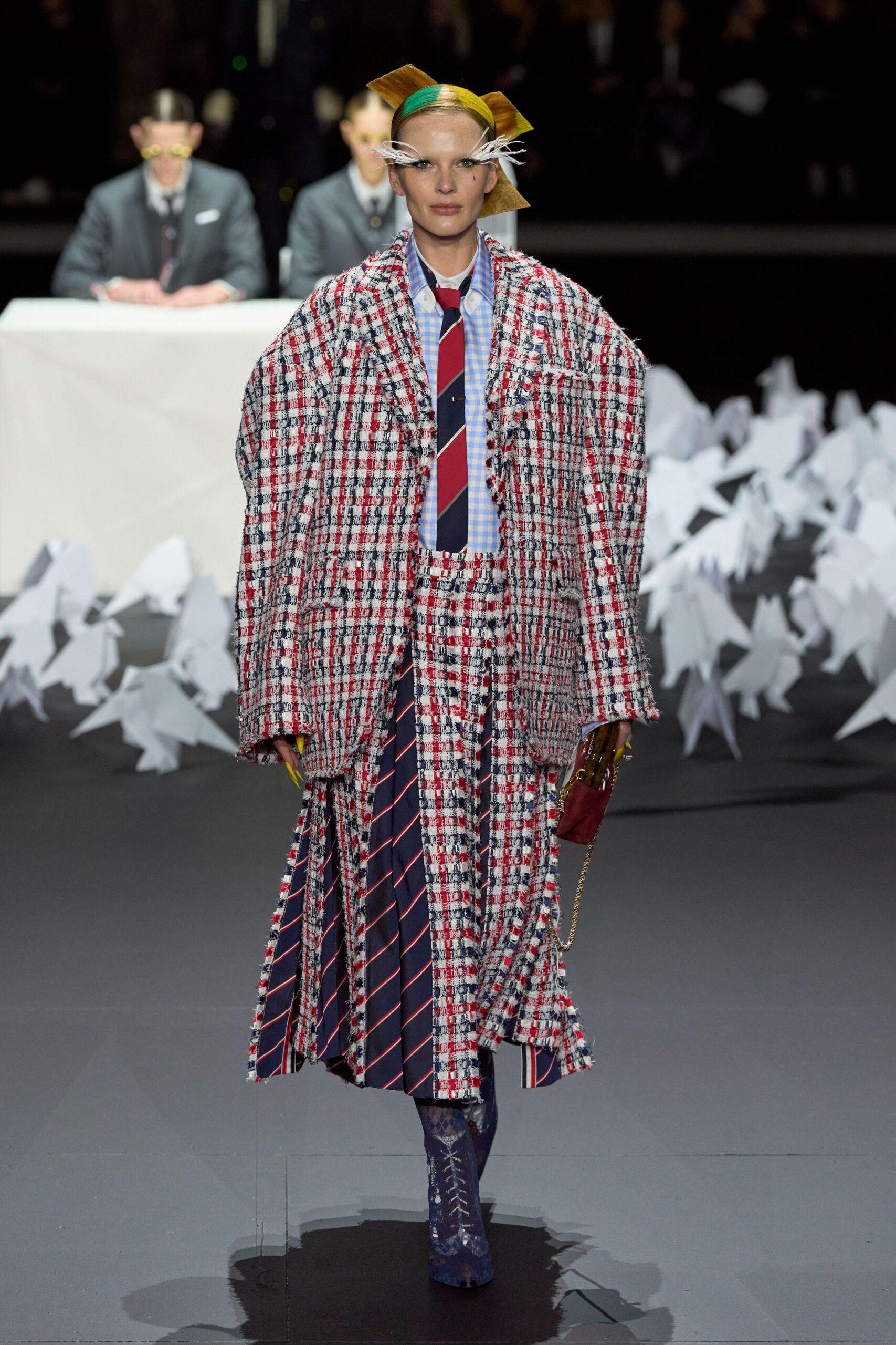 oversized checked coat with blue shirt