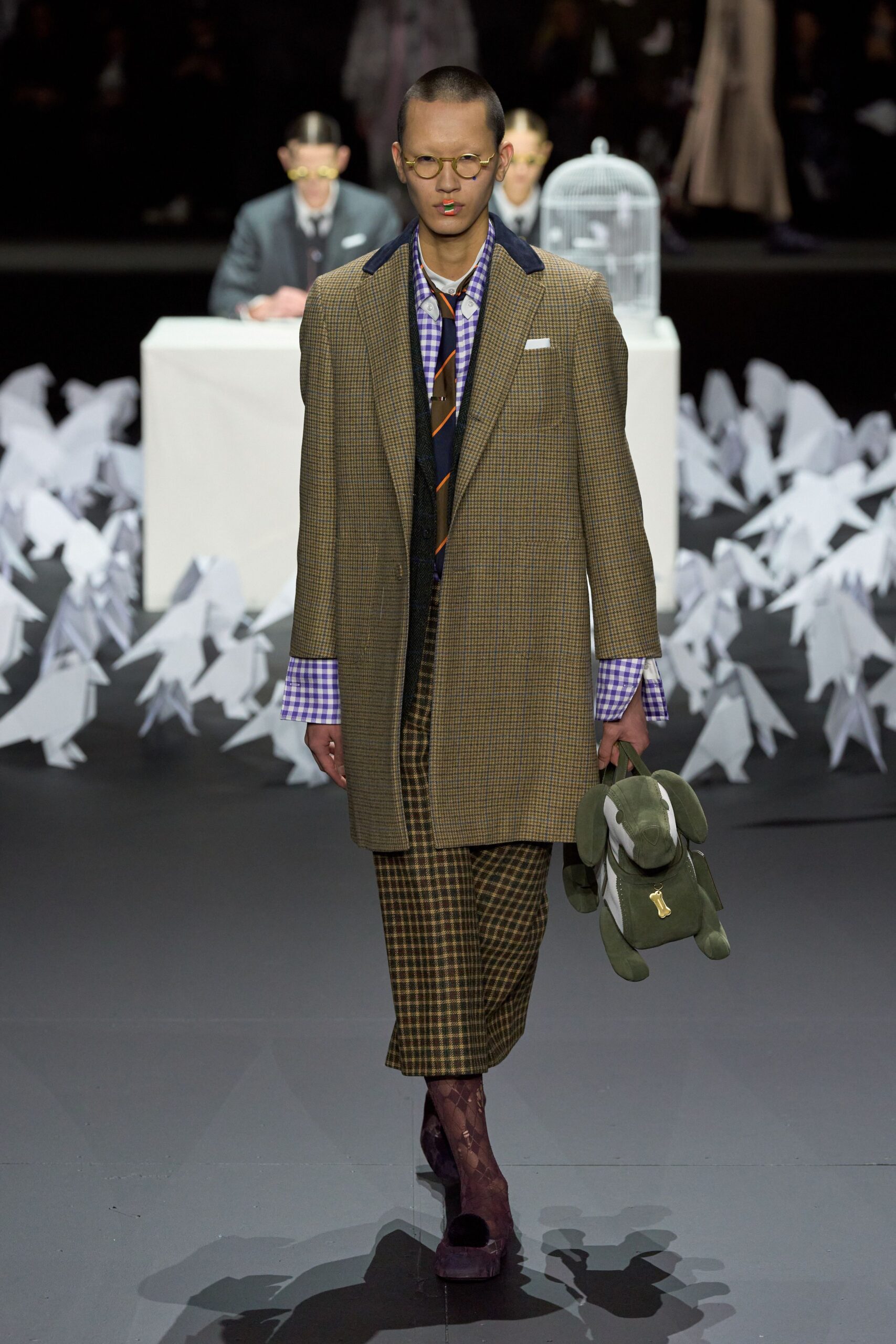 brown checked blazer with purple shirt