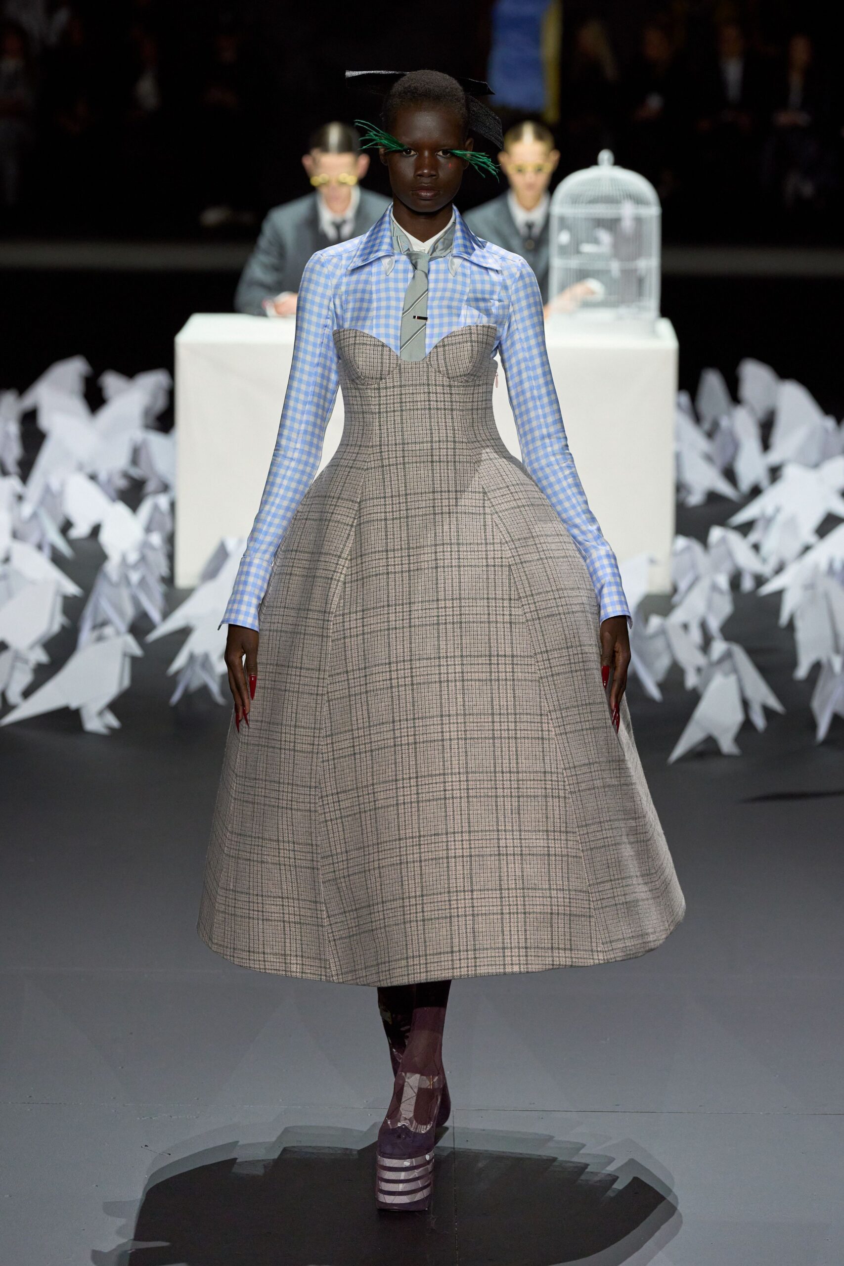 gray and blue pleated midi dress