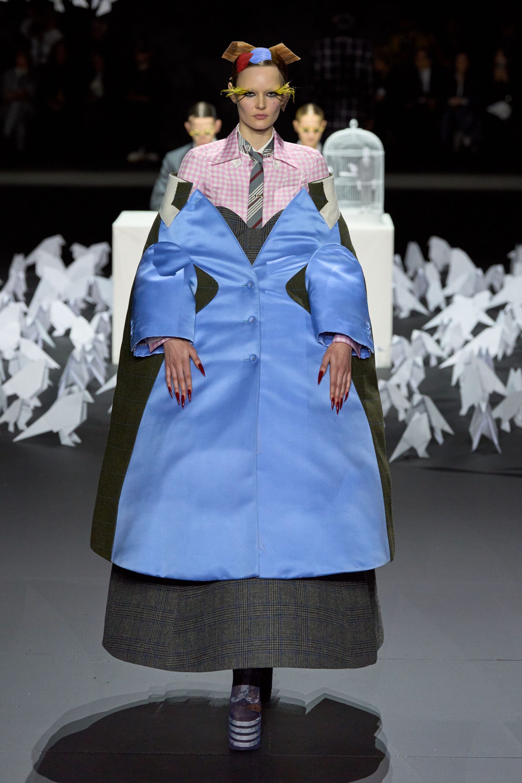oversized blue coat with pink shirt
