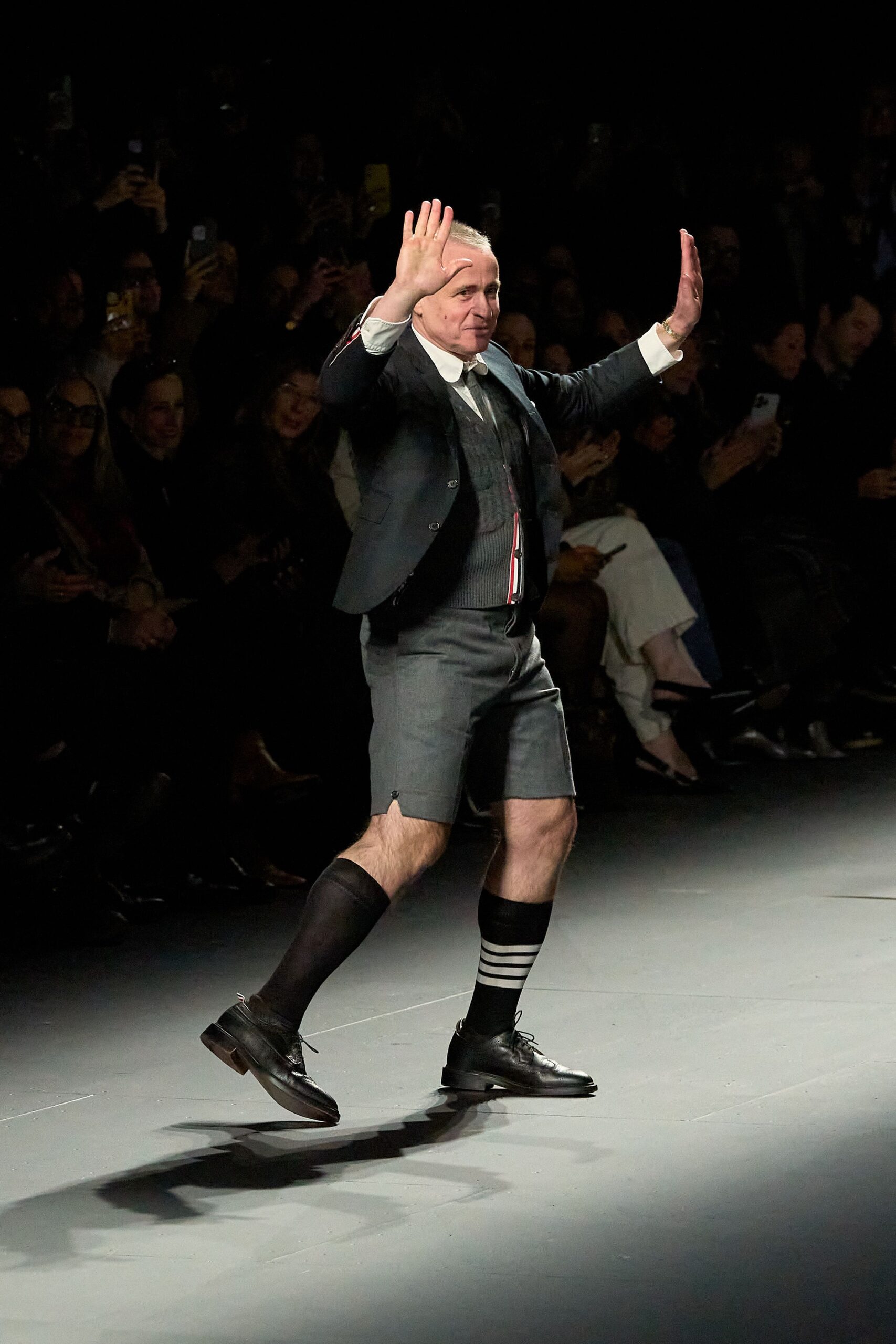 black blazer with gray shorts