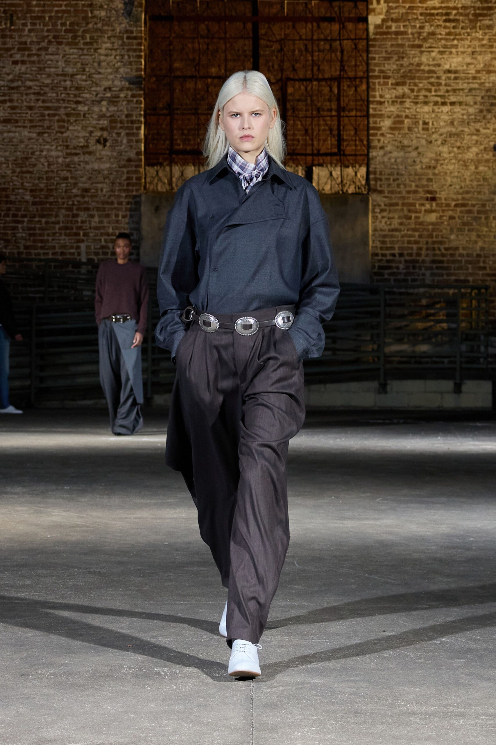 gray wool relaxed high-waisted pleated pants