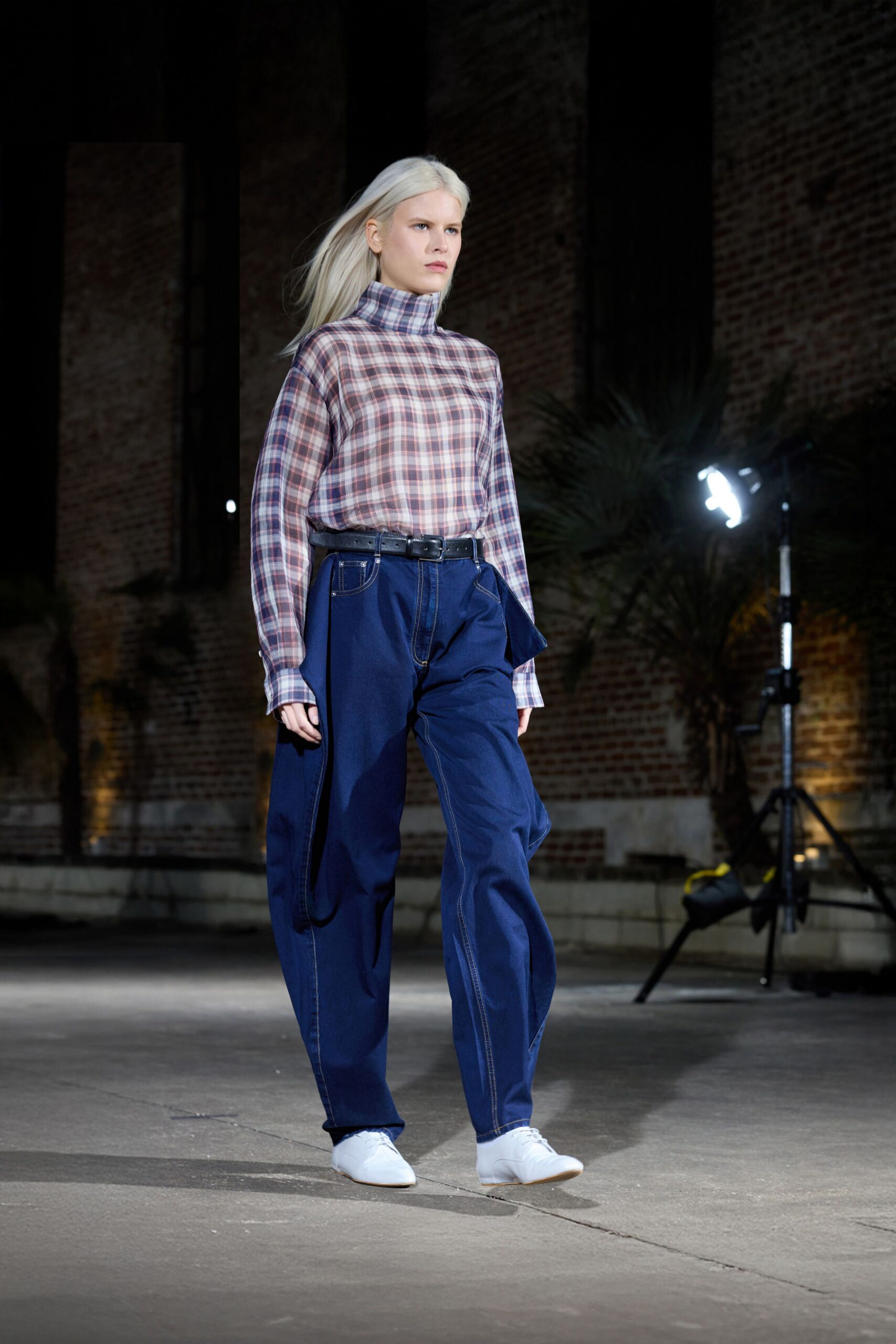 purple cotton long-sleeve turtleneck relaxed checked top