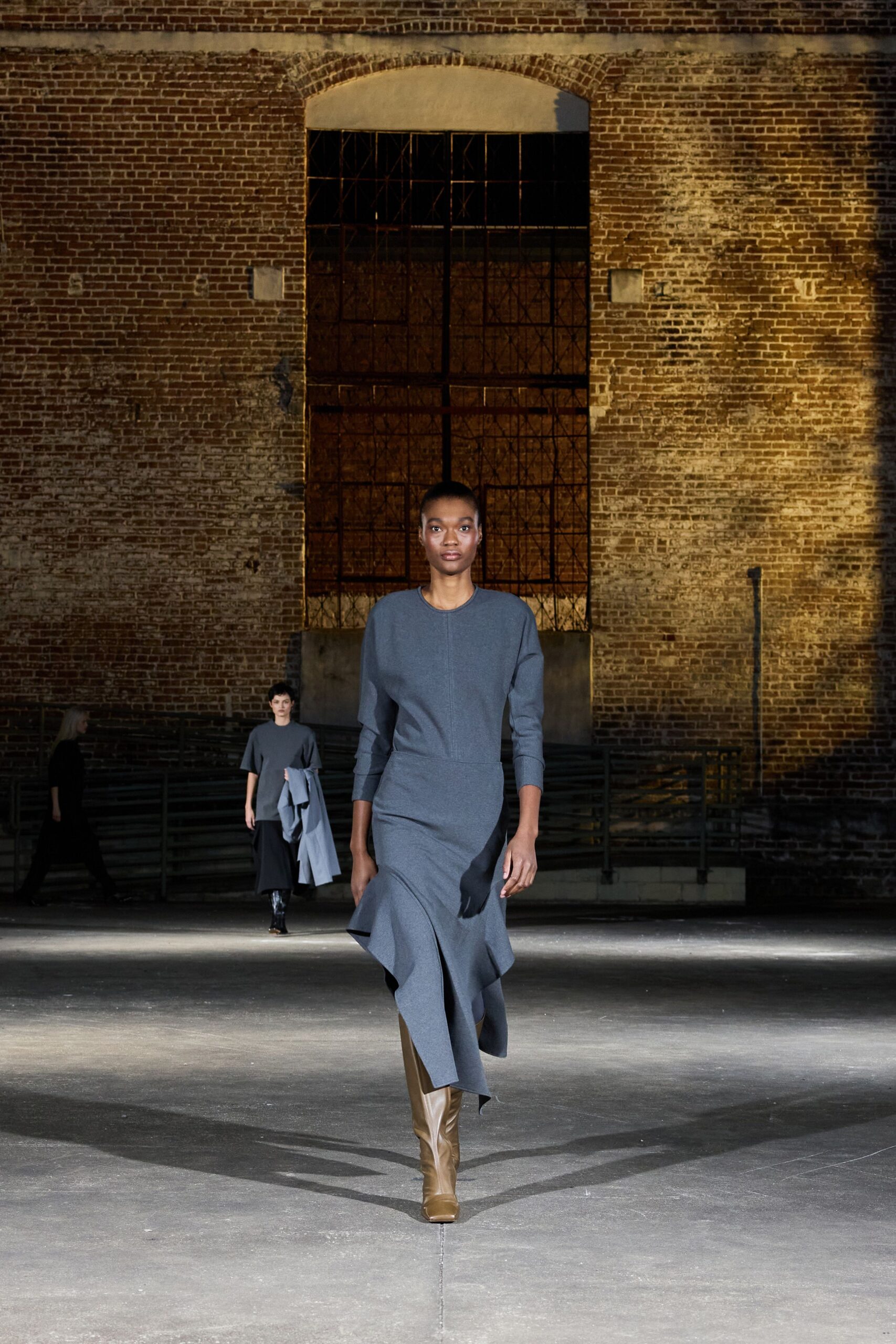 gray wool long-sleeve collared fitted draped midi dress