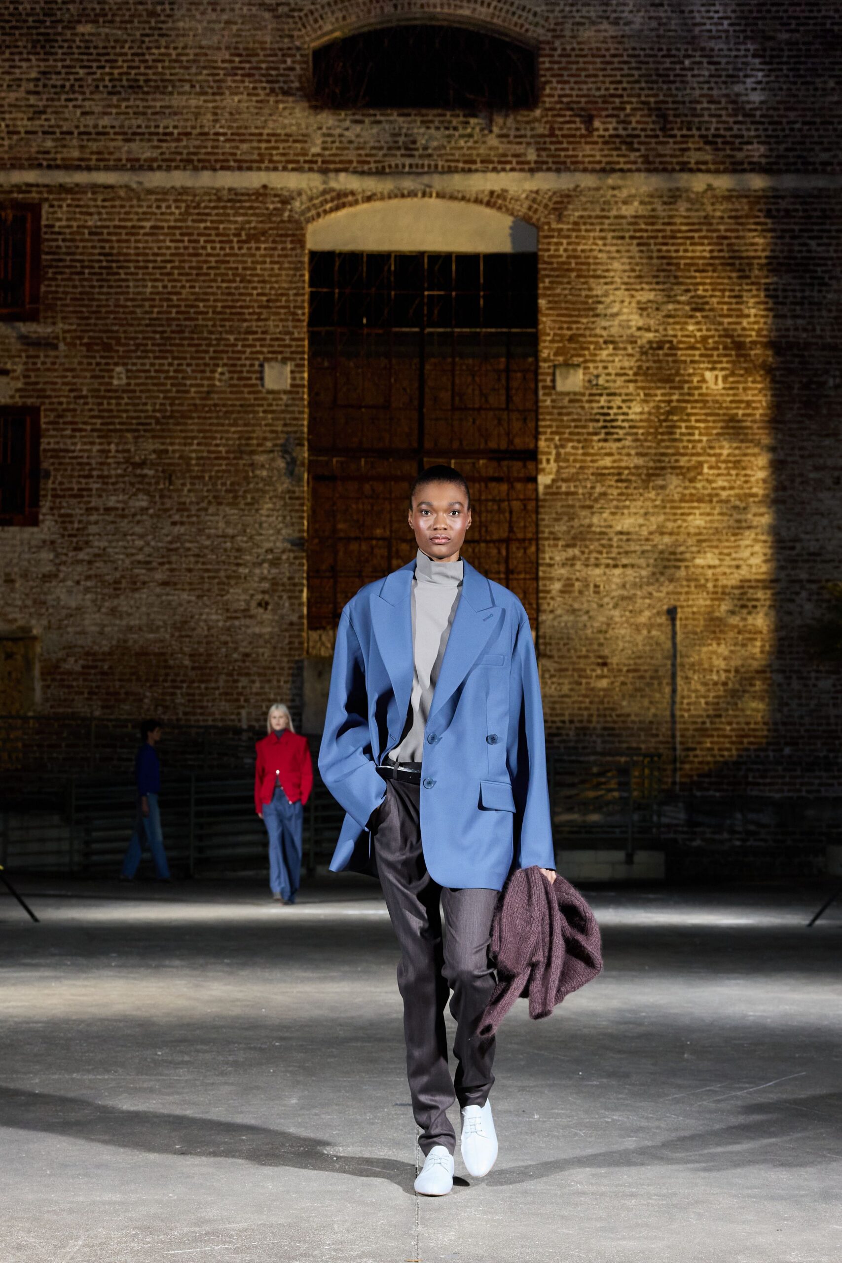 blue oversized blazer with gray turtleneck