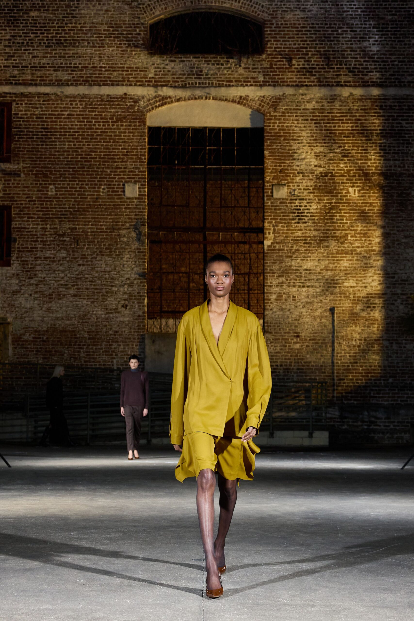 yellow silk long-sleeve v-neck relaxed draped midi dress